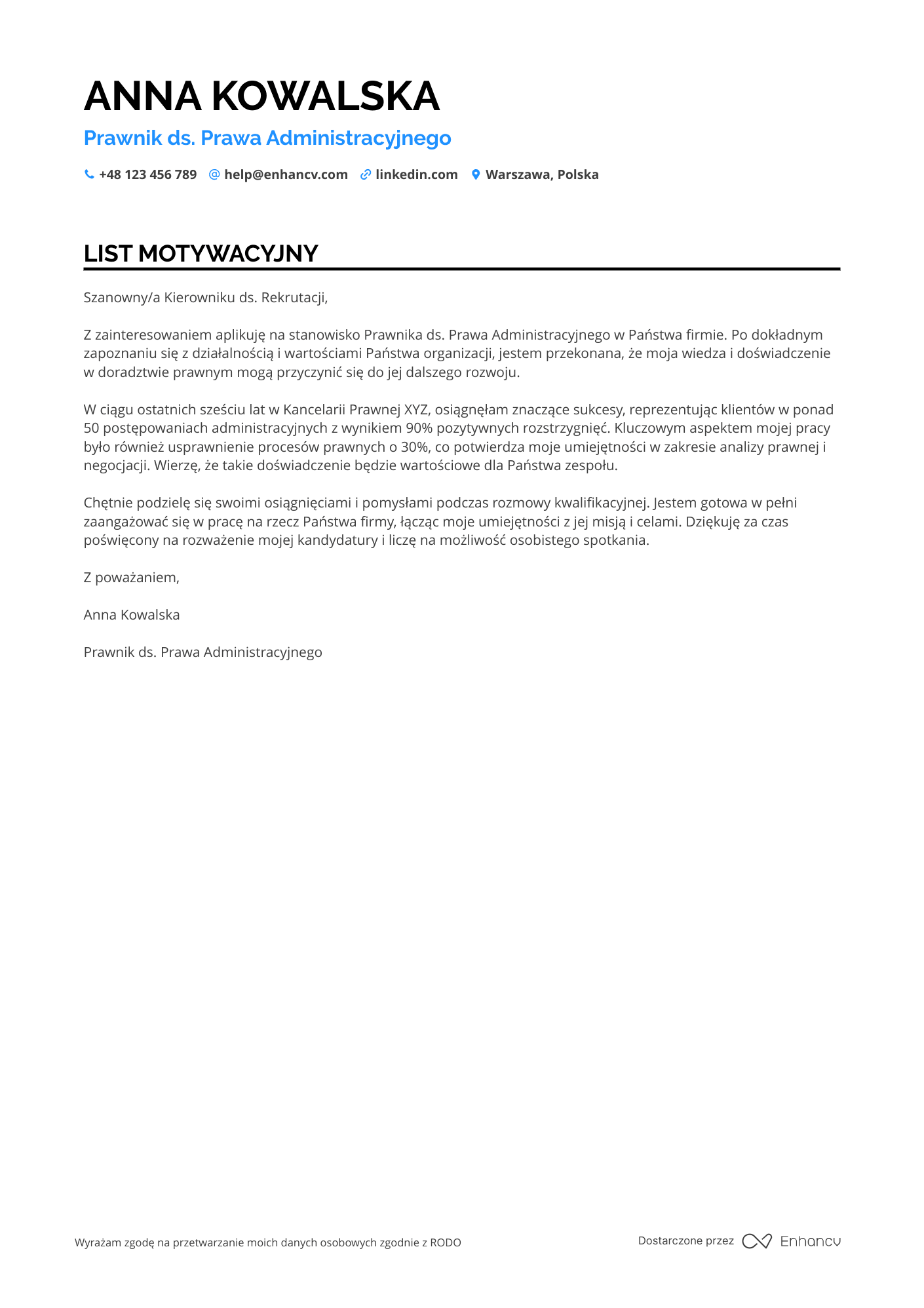 List motywacyjny dla Prawnik ds. Prawa Administracyjnego