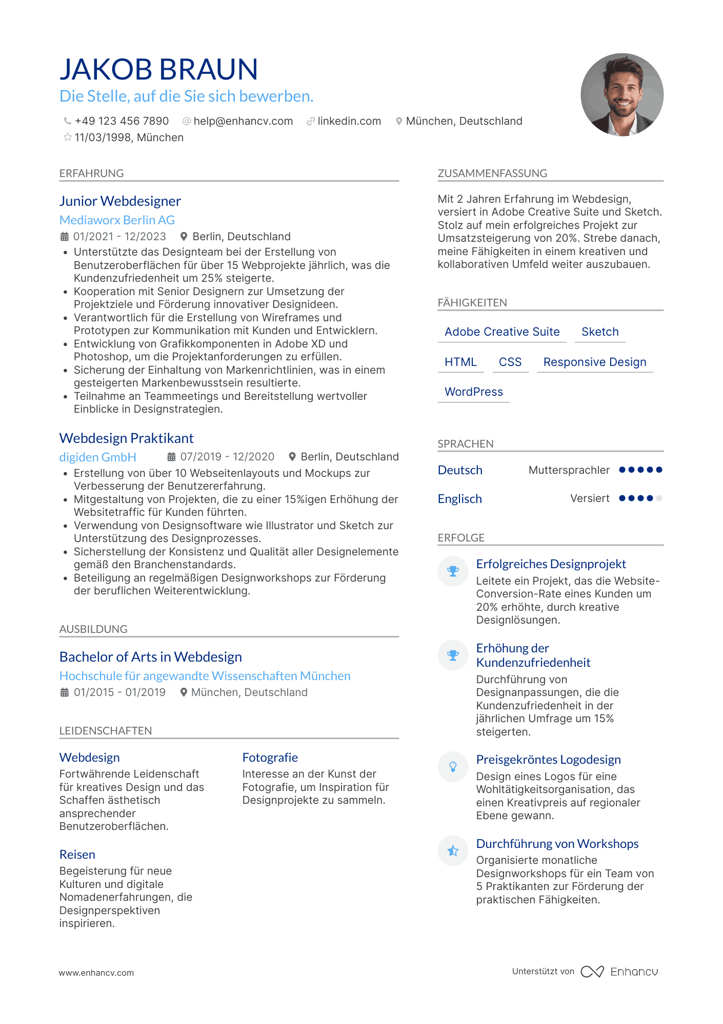 Lebenslauf als Junior Webdesigner