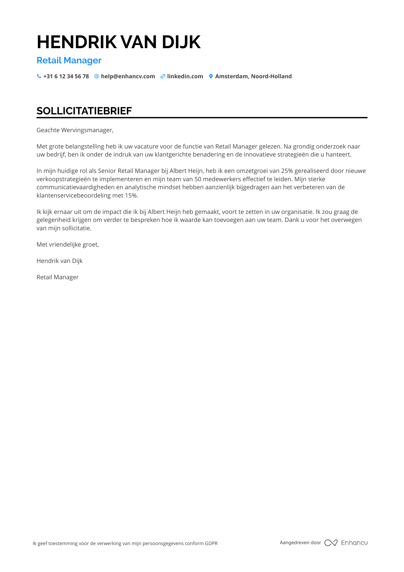 Sollicitatiebrief voor Carriereswitch Retail Manager