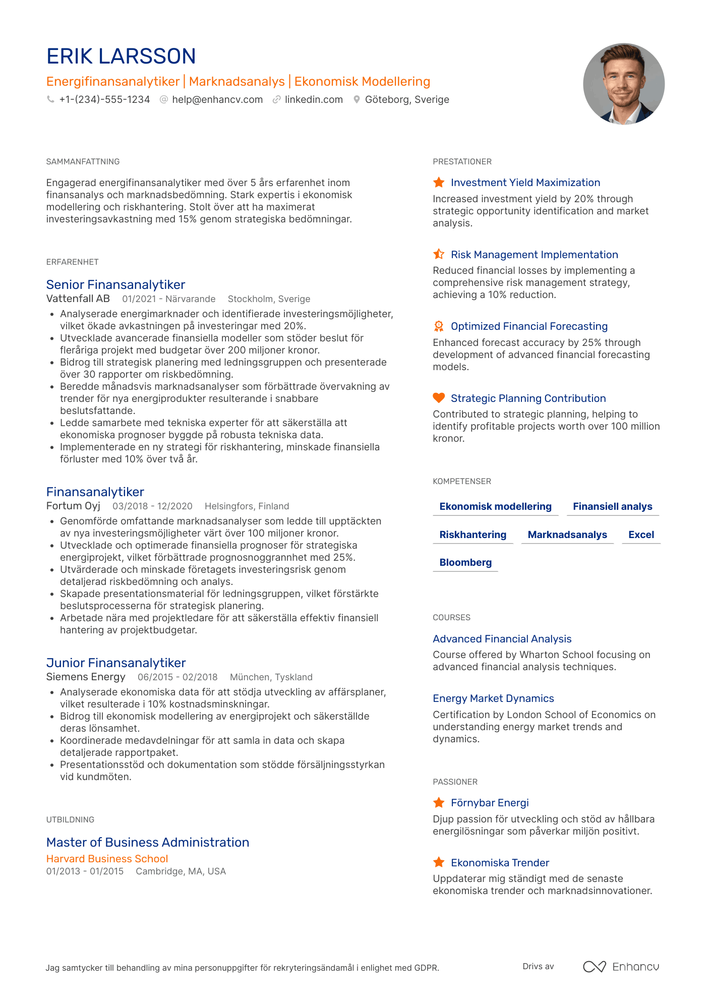 CV för Energifinansanalytiker