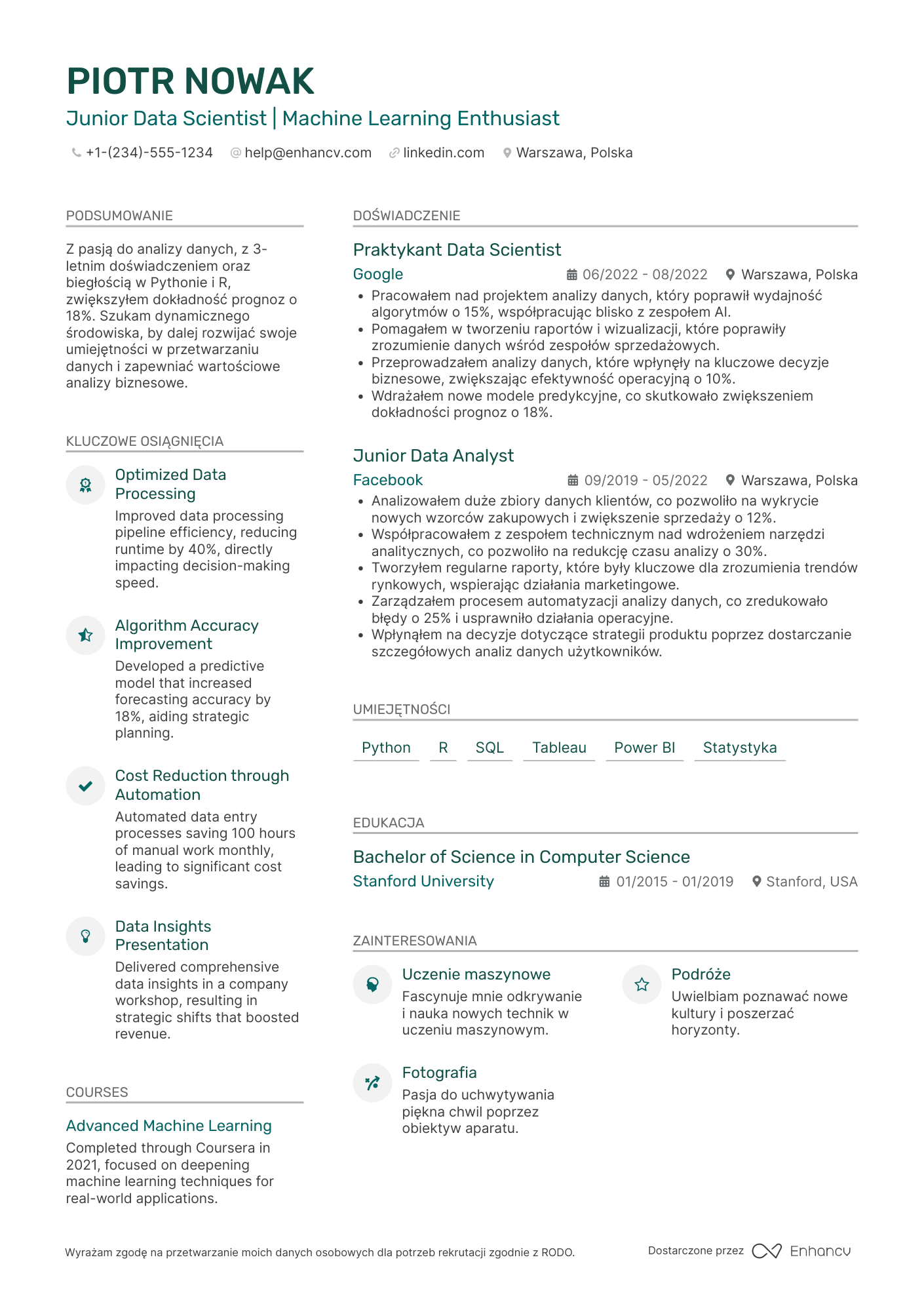 CV dla Junior Data Scientist