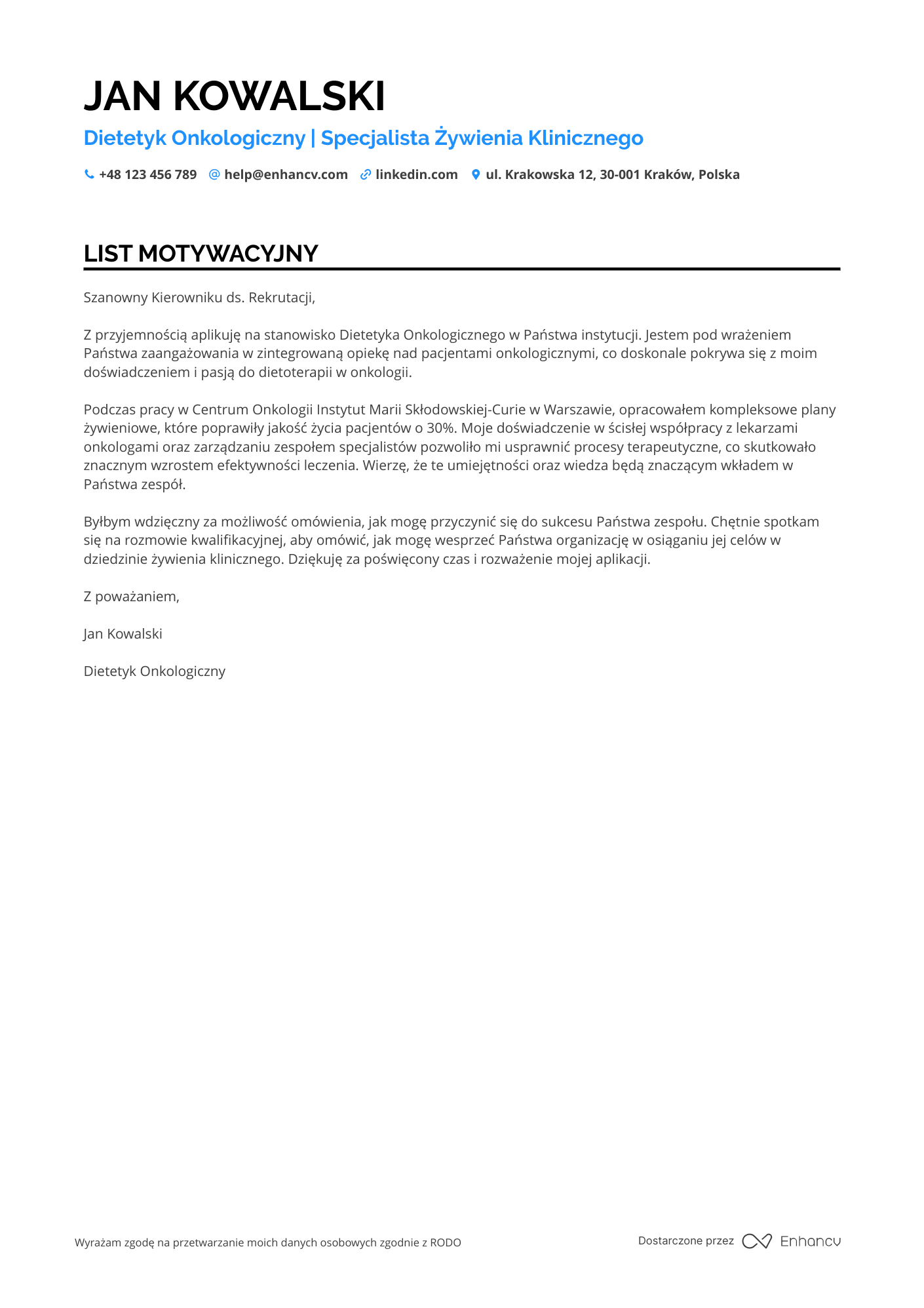 List motywacyjny dla Dietetyk onkologiczny