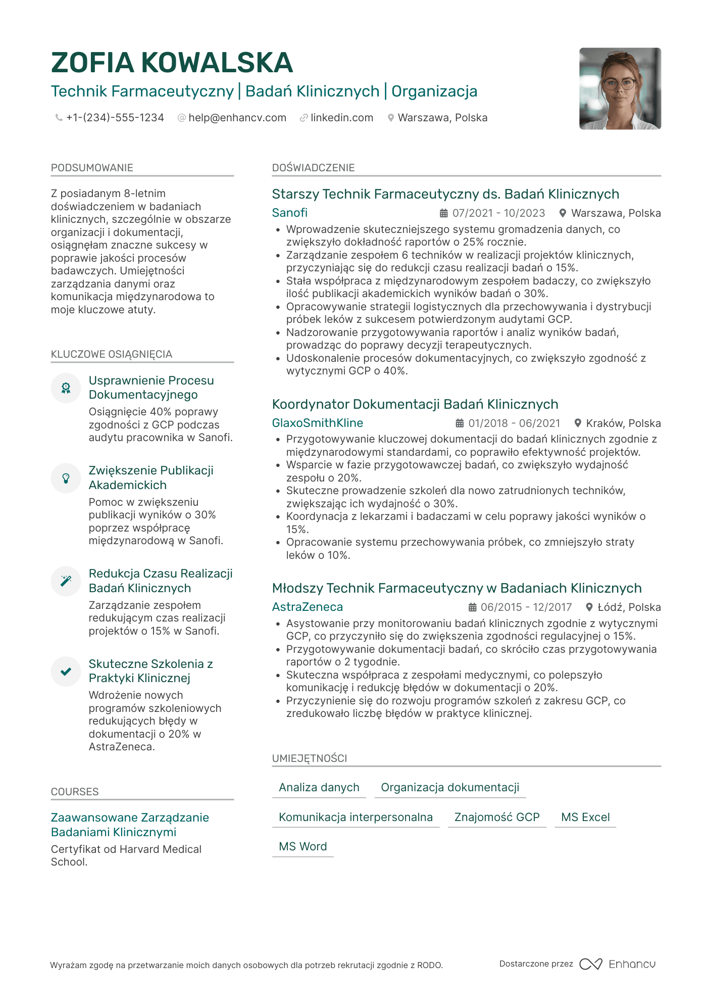 CV dla Technik Farmaceutyczny ds. Badań Klinicznych
