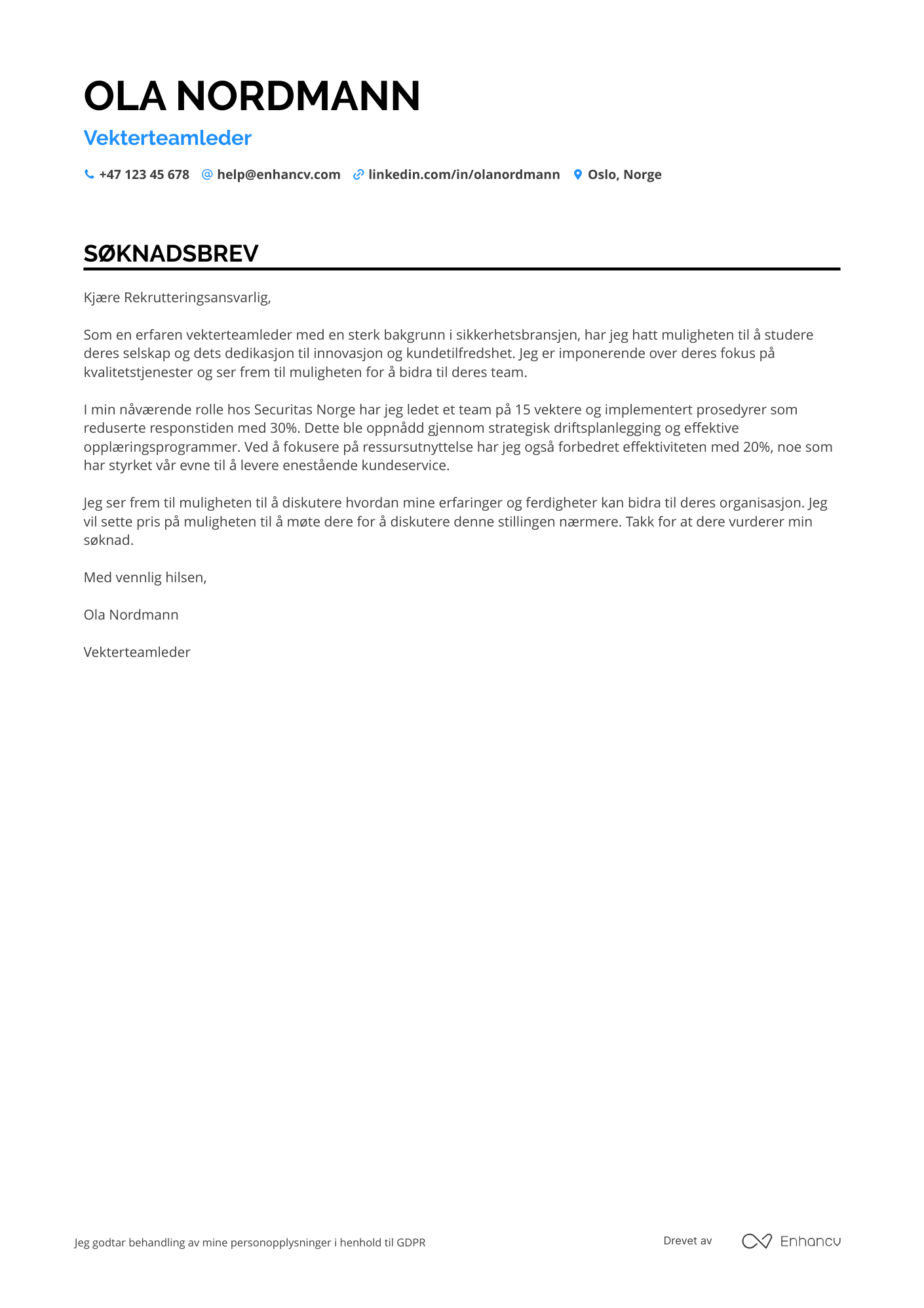 Søknadsbrev for Vekterteamleder