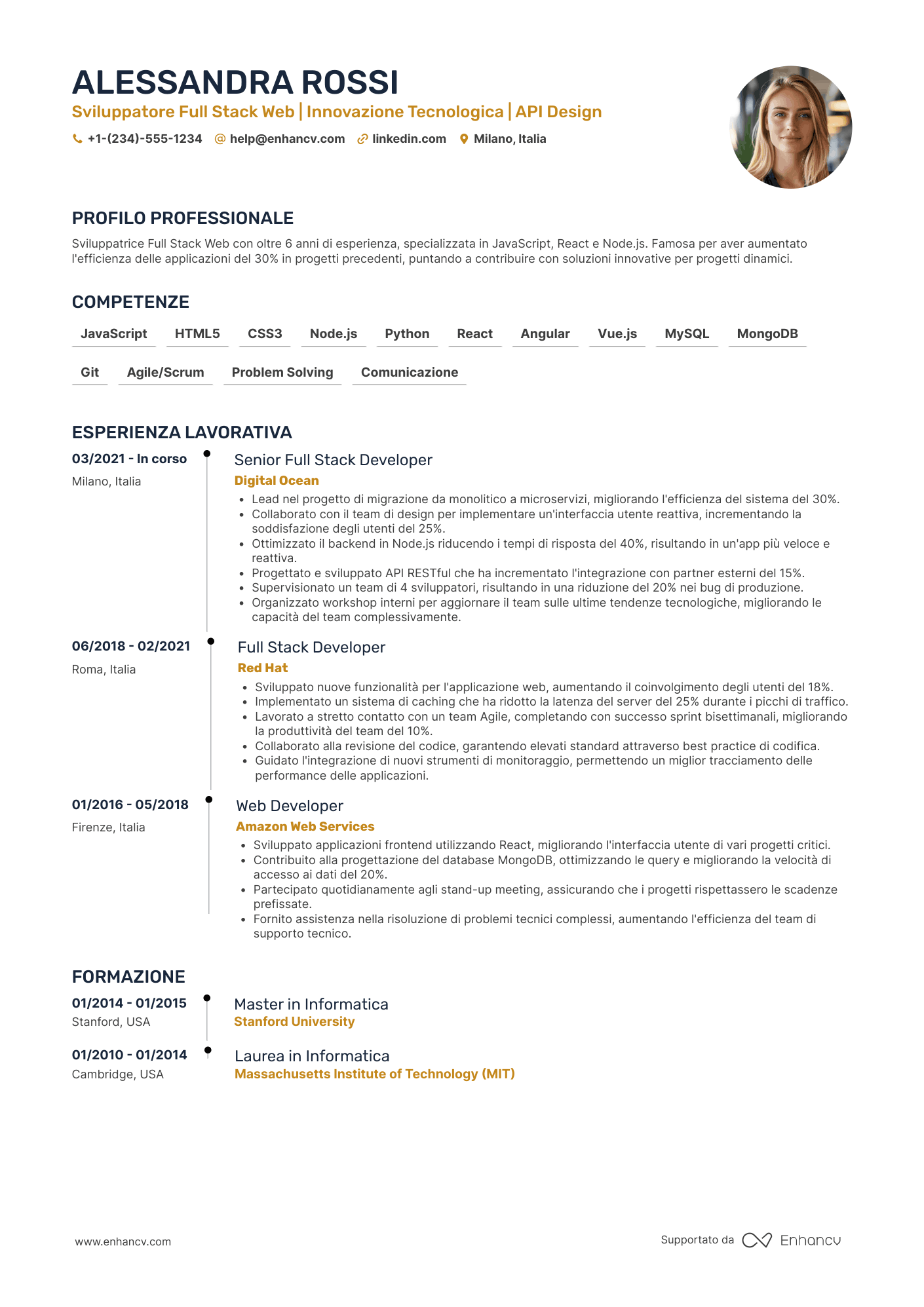 Full stack web developer CV example