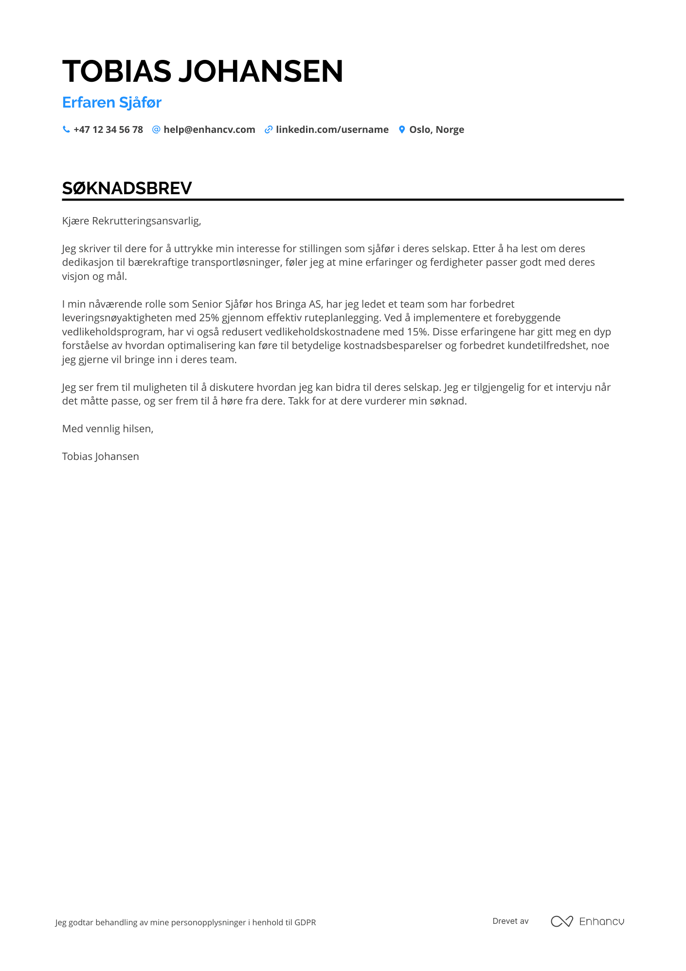 Søknadsbrev for Erfaren sjåfør