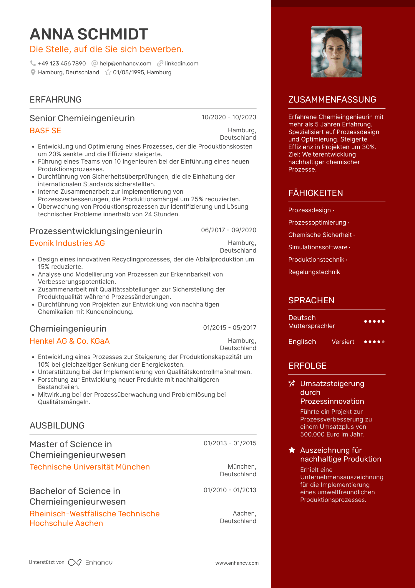 Lebenslauf in Ingenieur für Chemieindustrie