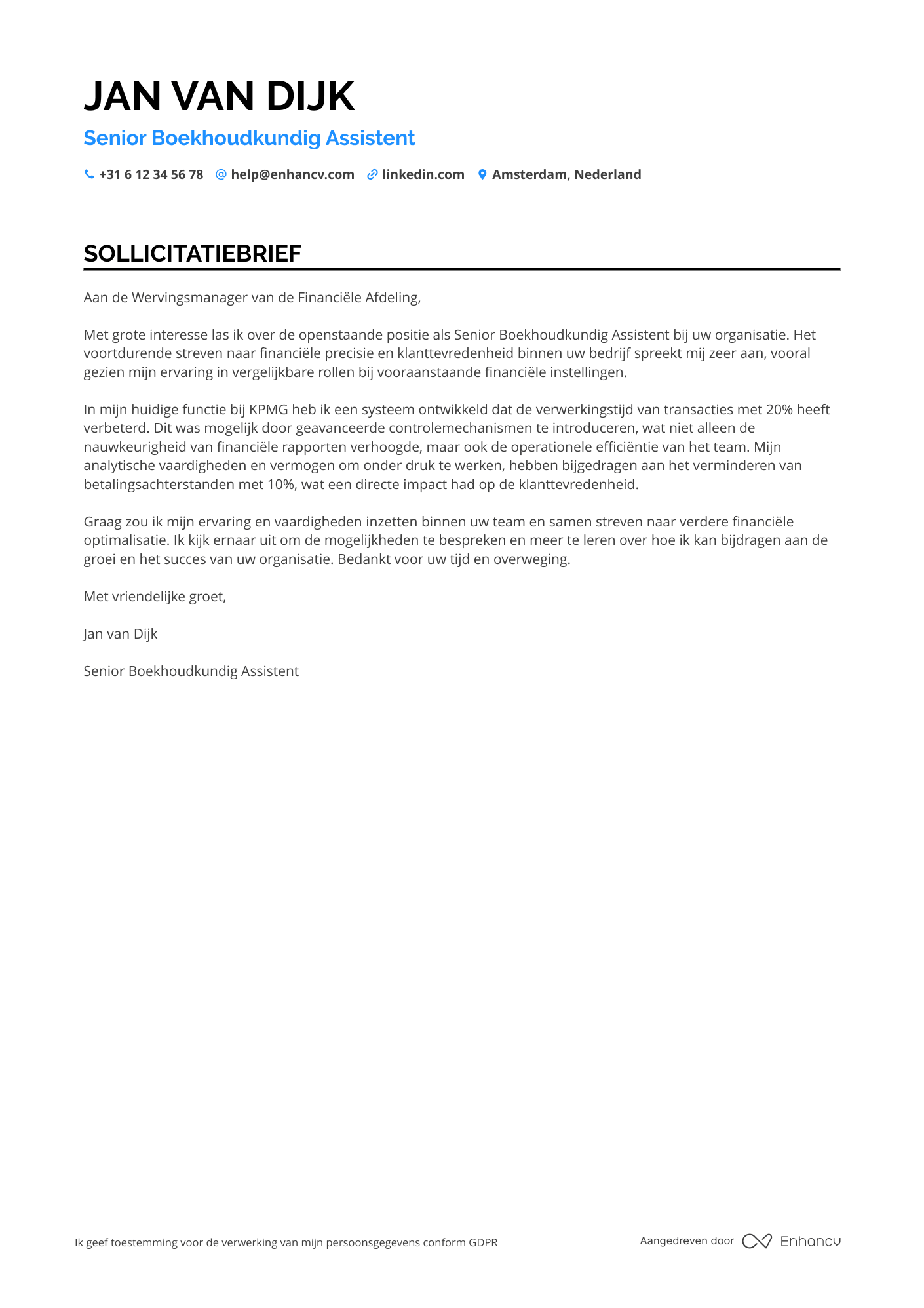 Sollicitatiebrief voor Senior Boekhoudkundig Assistent