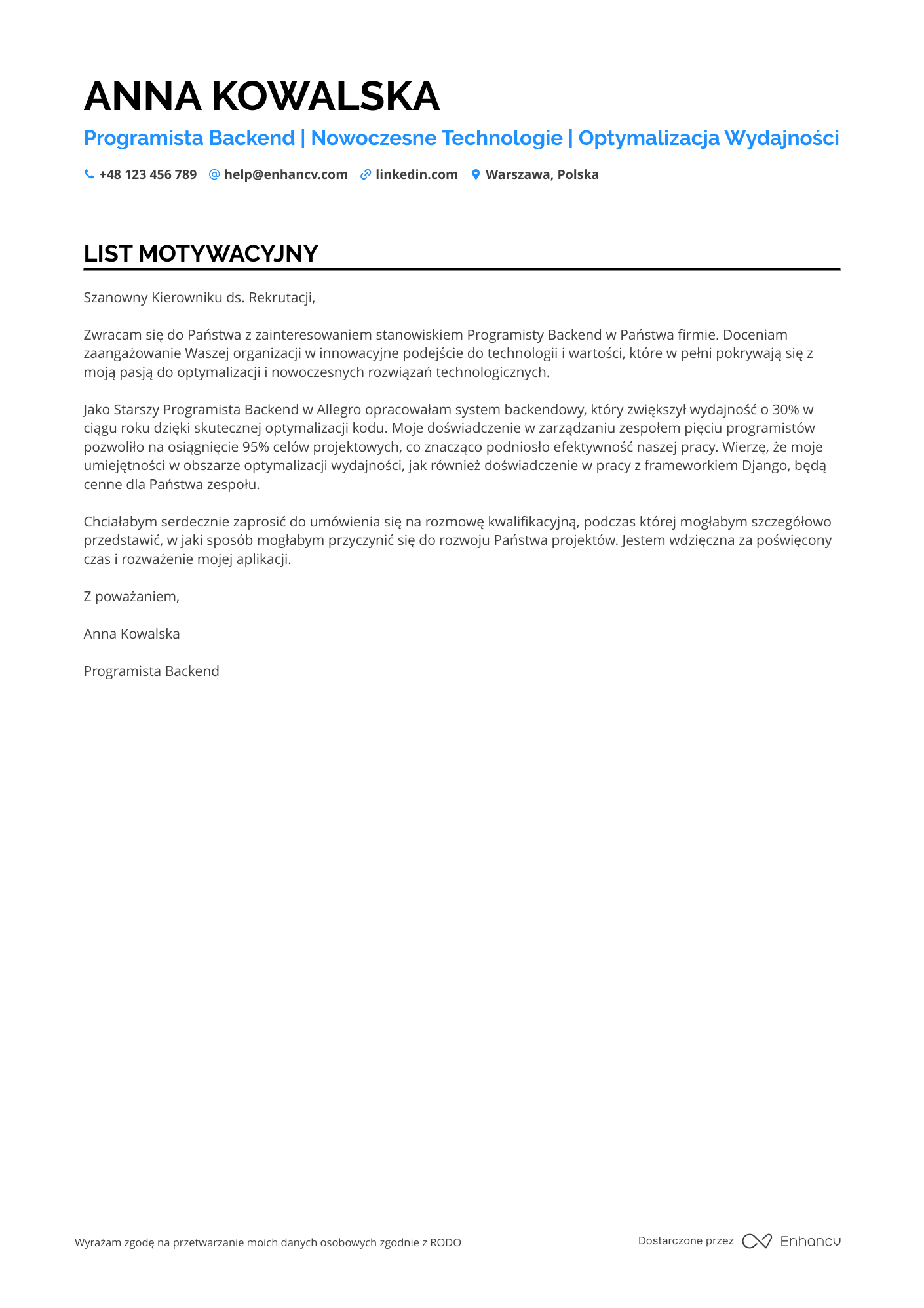 List motywacyjny dla Programista Backend
