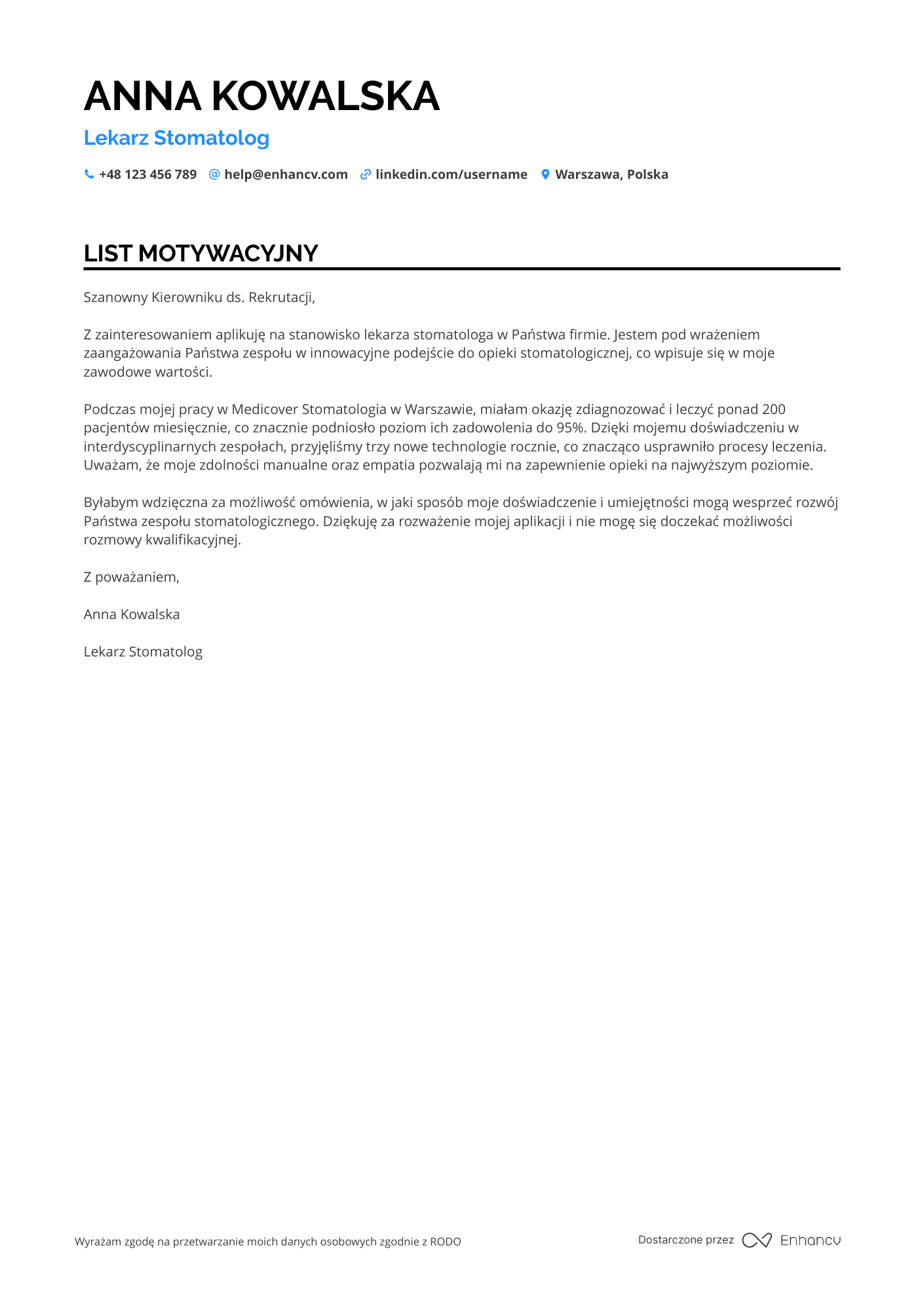 List motywacyjny dla Lekarz Stomatolog