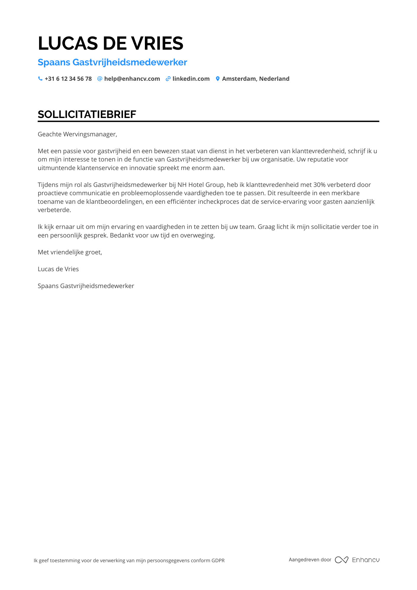 Sollicitatiebrief voor Spaans Gastvrijheidsmedewerker