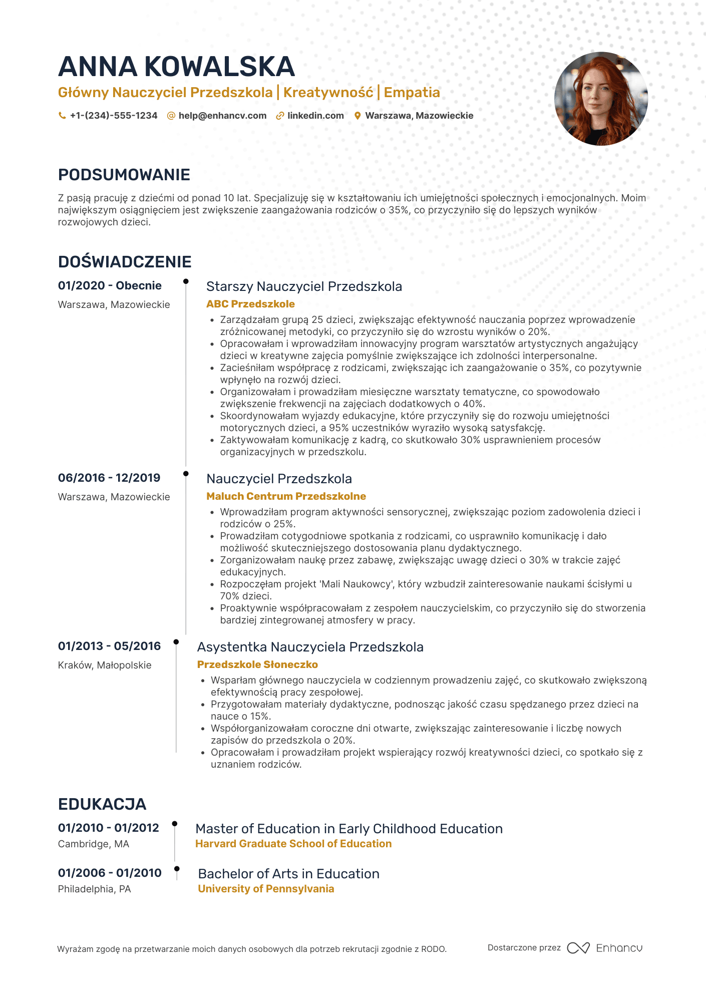 CV dla Główny Nauczyciel Przedszkola