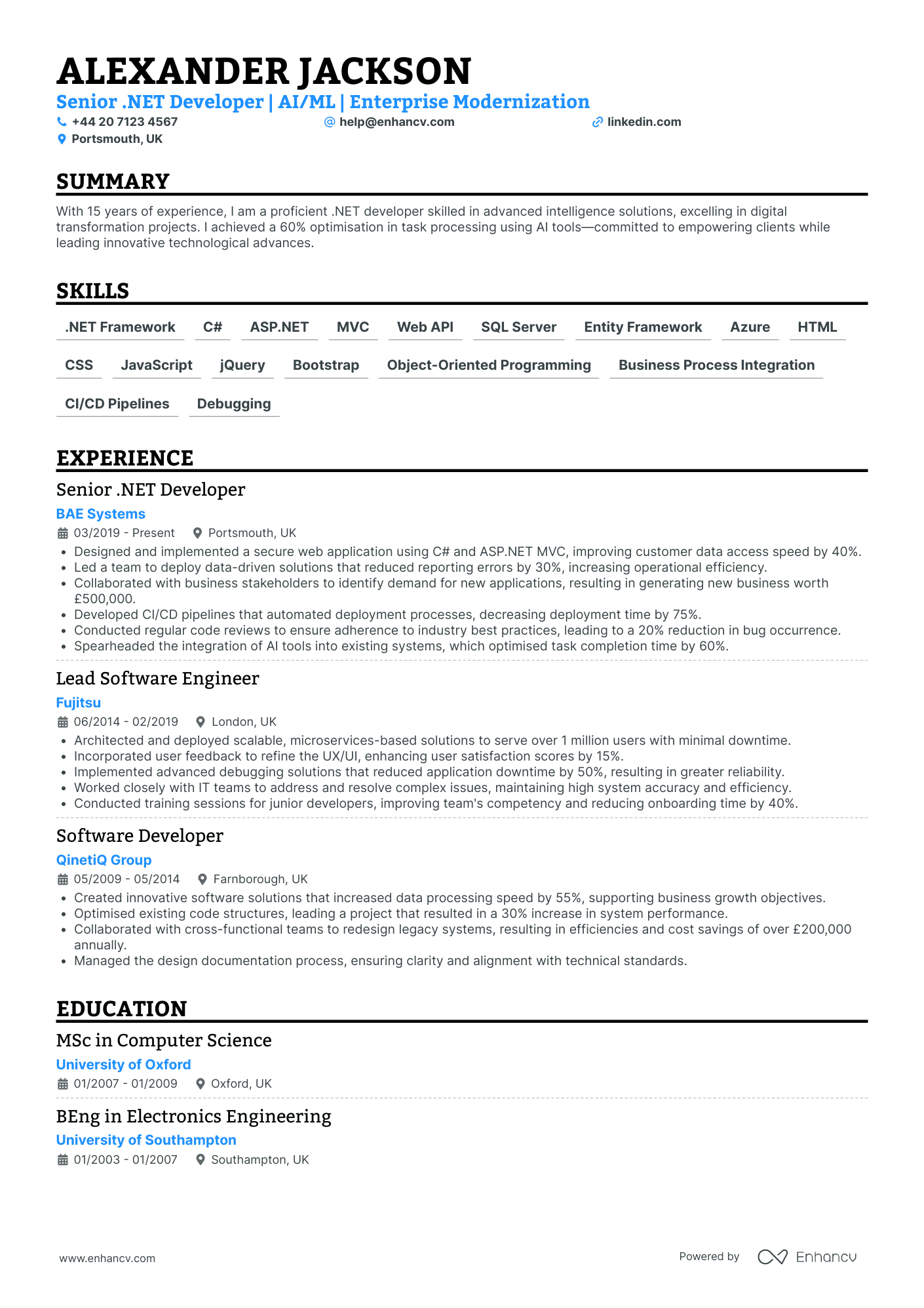 .Net Developer in Telecommunications CV Examples