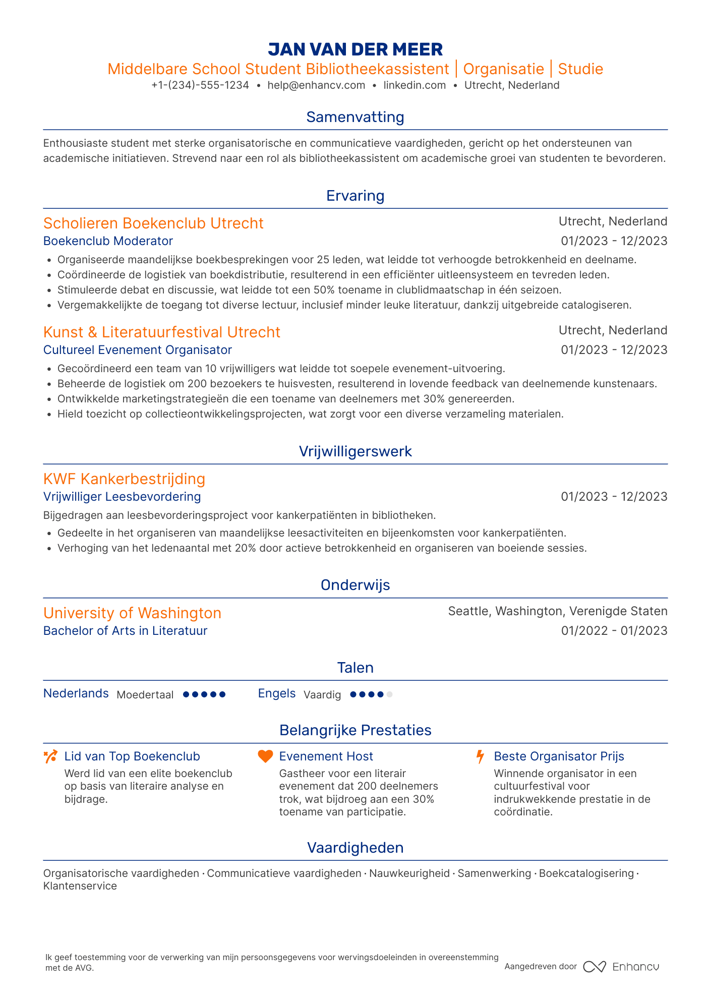 CV voor Middelbare School Student Library Assistant