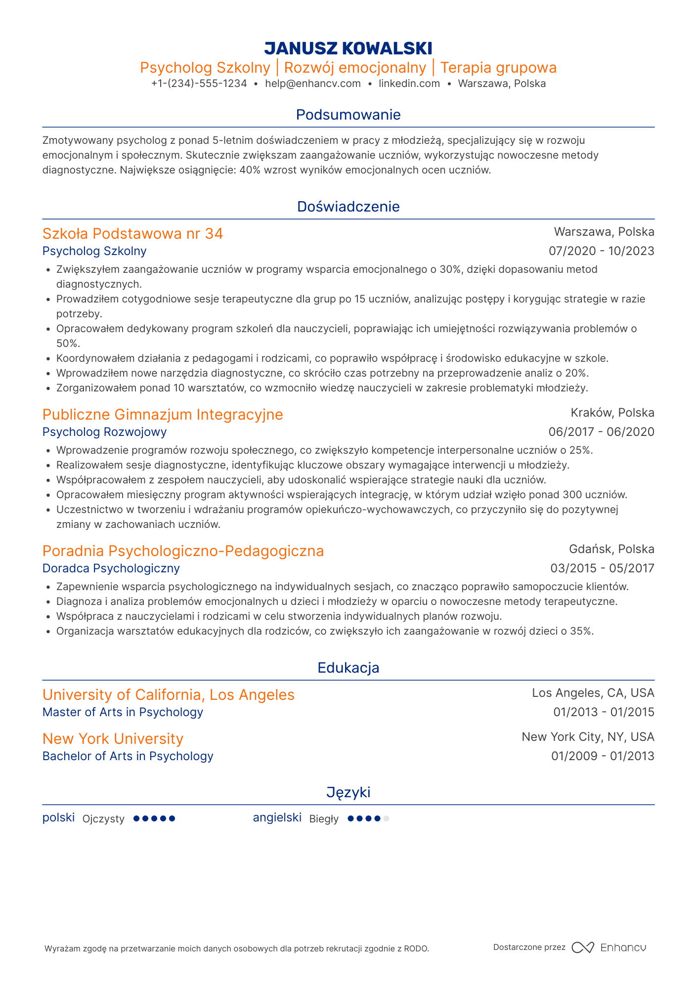 CV dla Psycholog szkolny