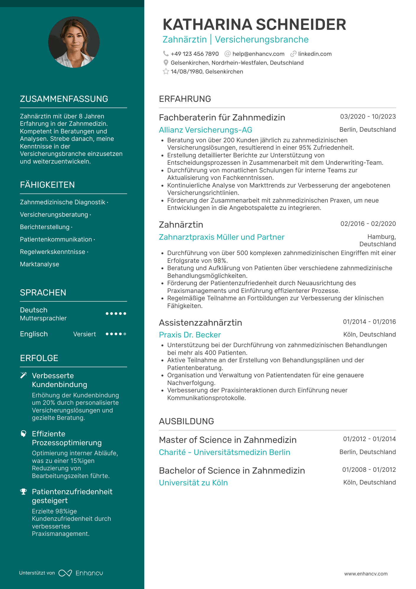 Lebenslauf in Zahnarzt für Zahnmedizin in der Versicherungsbranche