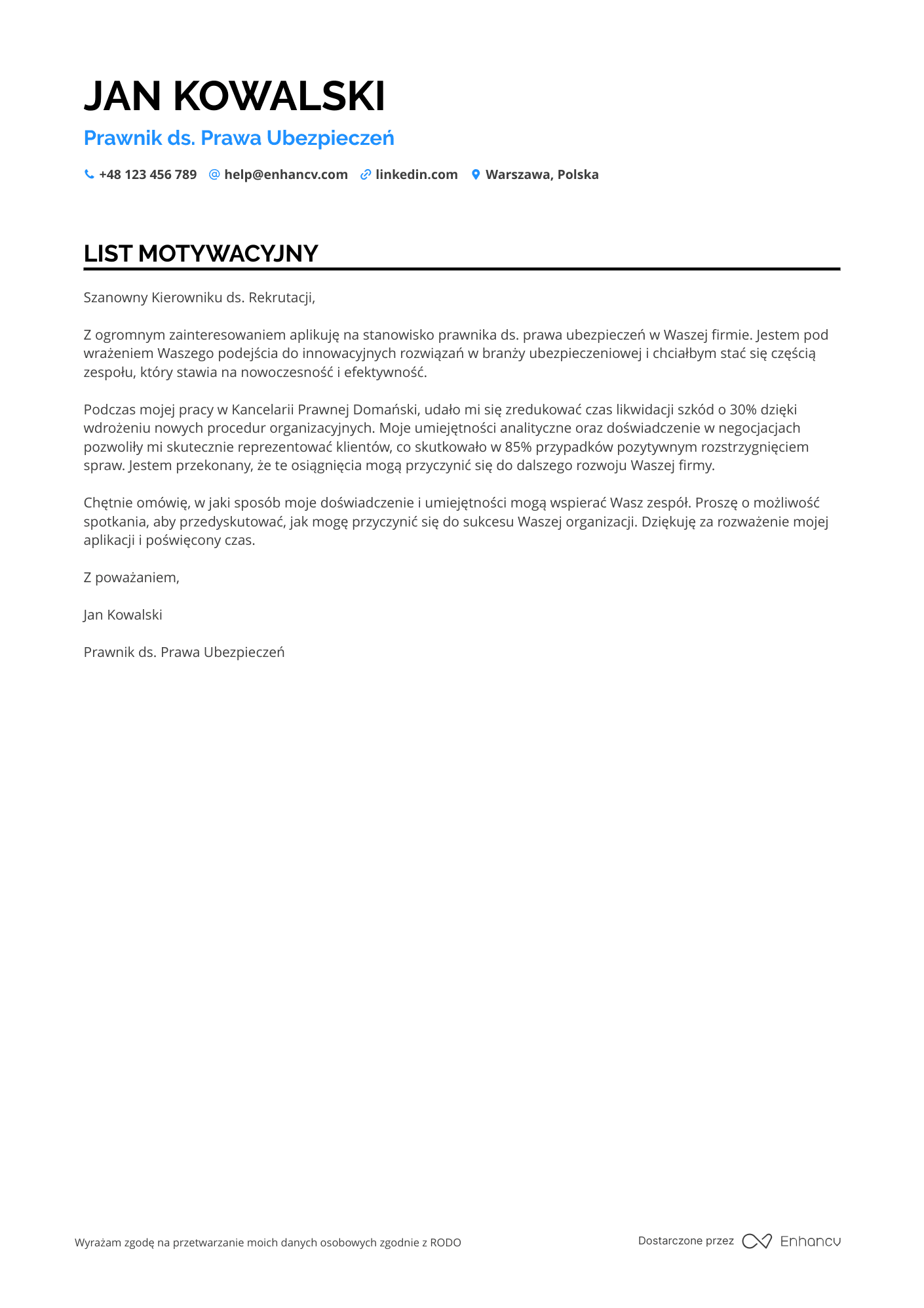 List motywacyjny dla Prawnik ds. Prawa Ubezpieczeń