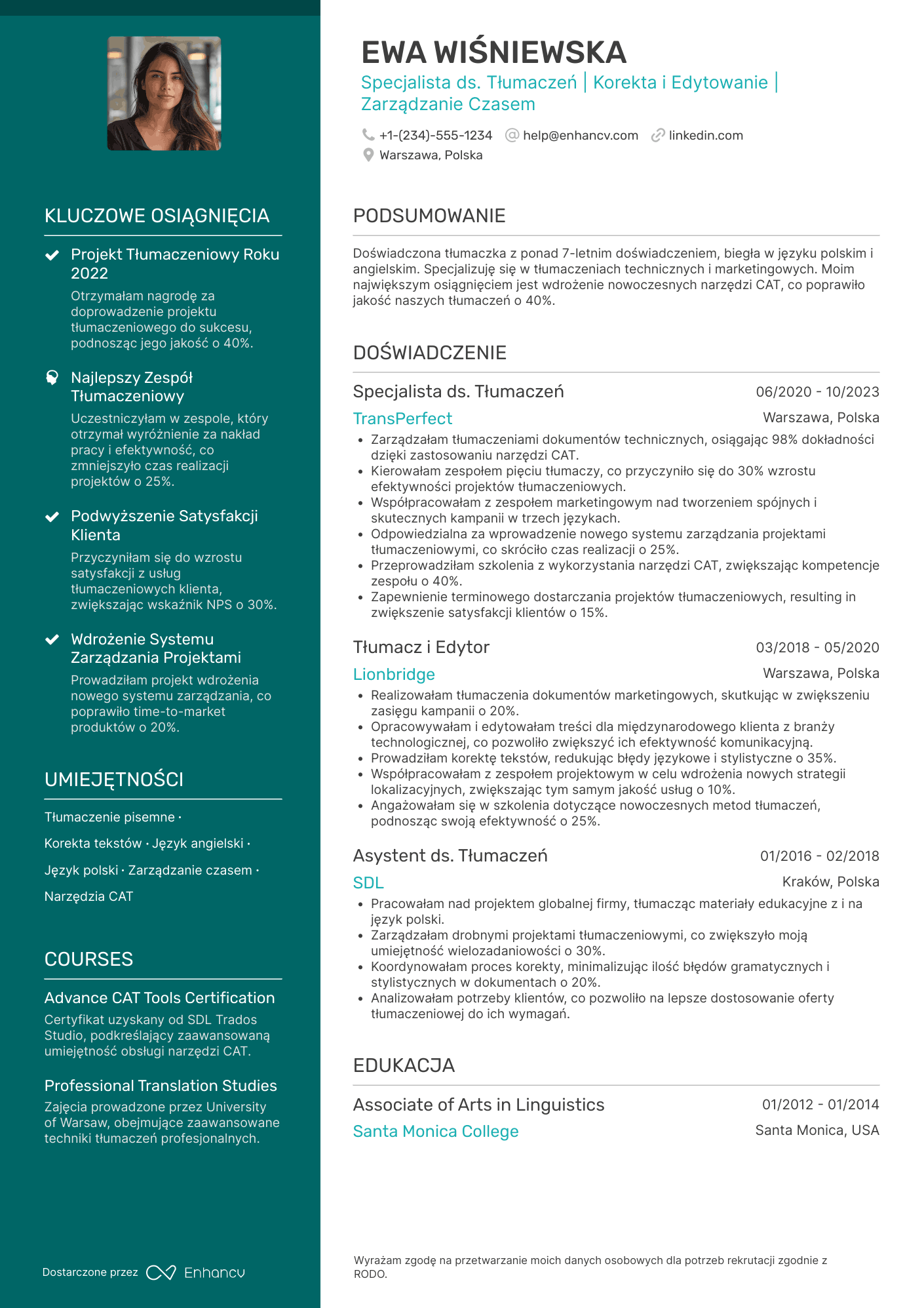 CV dla Specjalista ds. Tłumaczeń