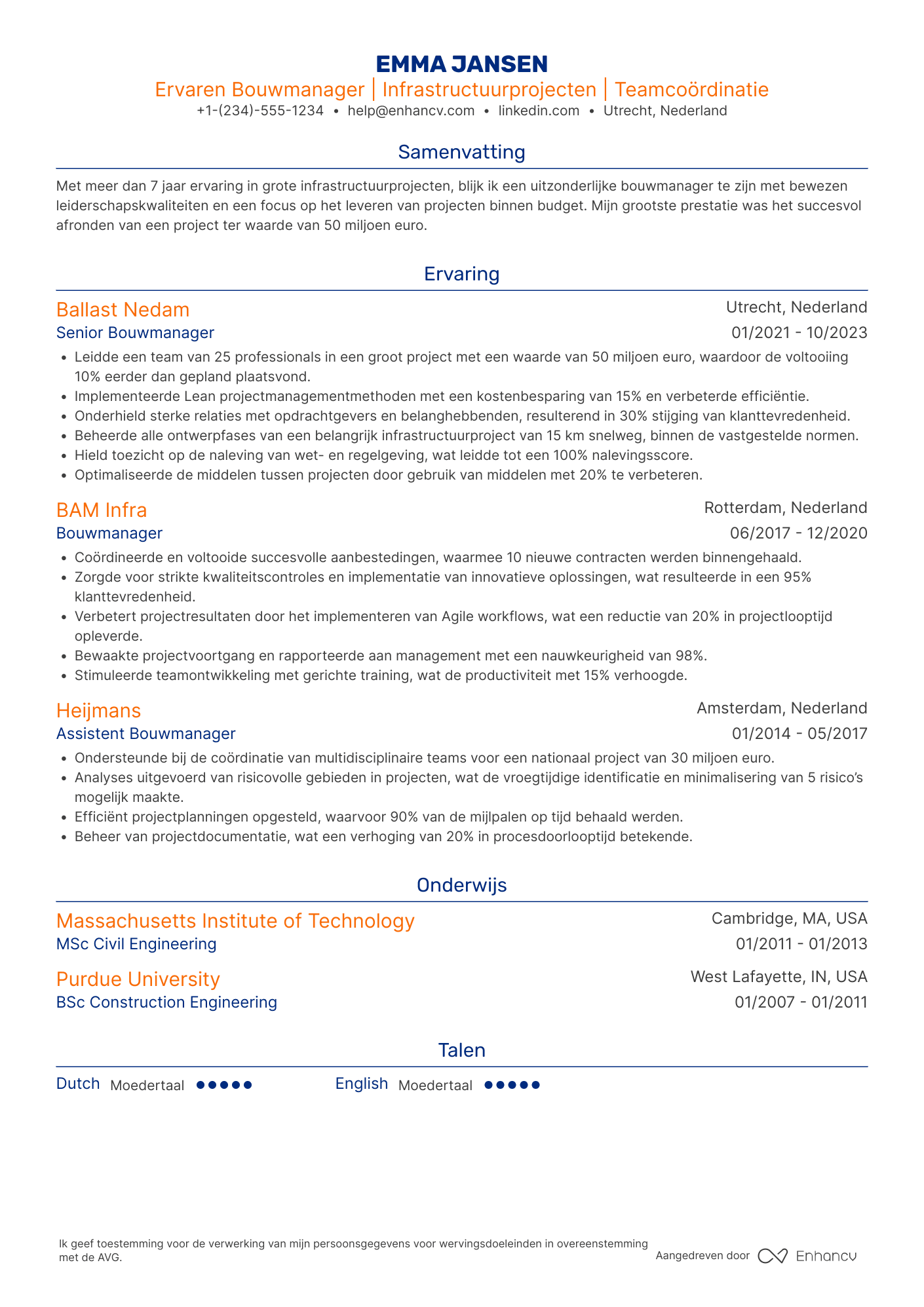 CV voor Bouwmanager in de infrastructuur
