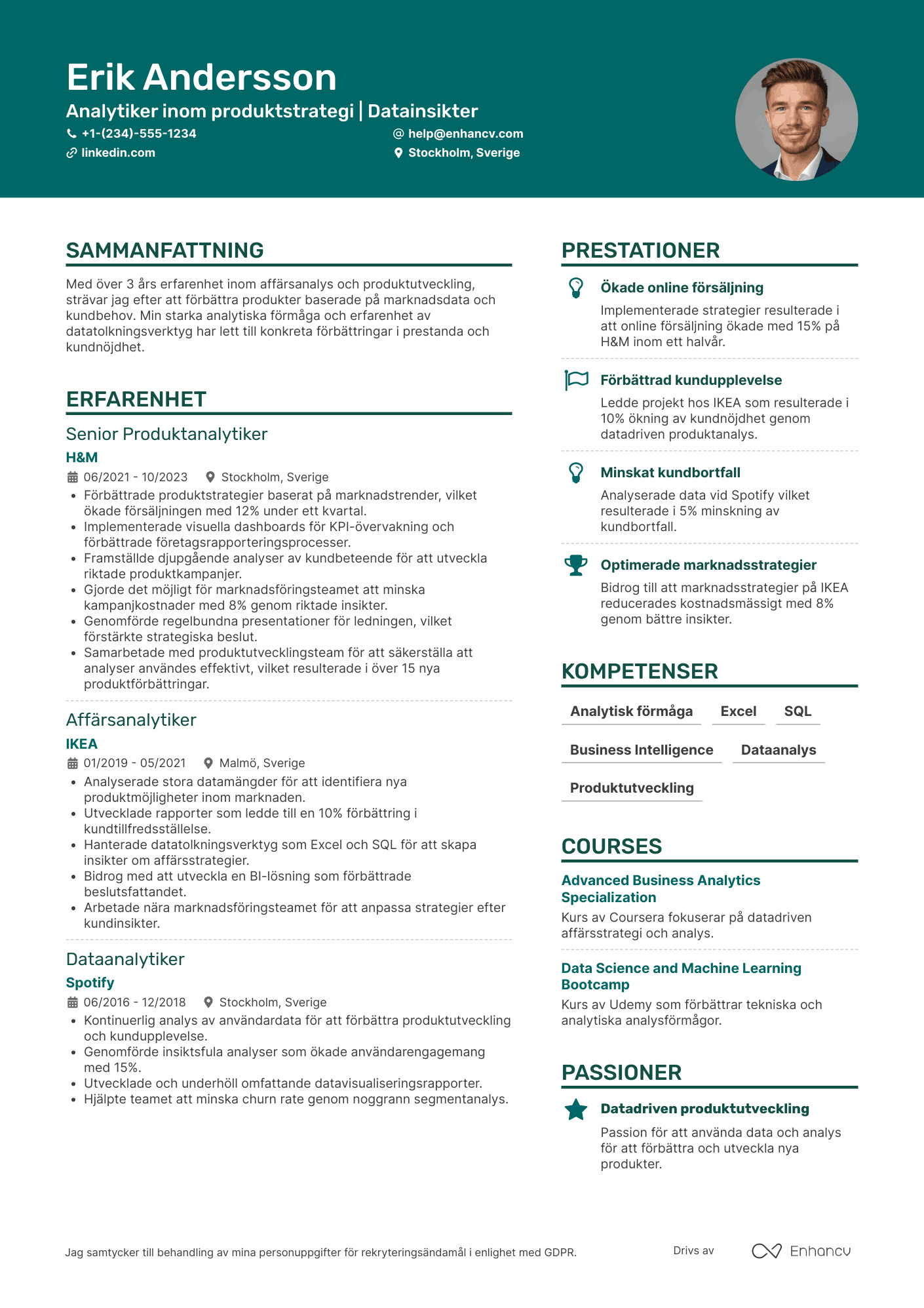 CV för Produkt Företagsanalytiker