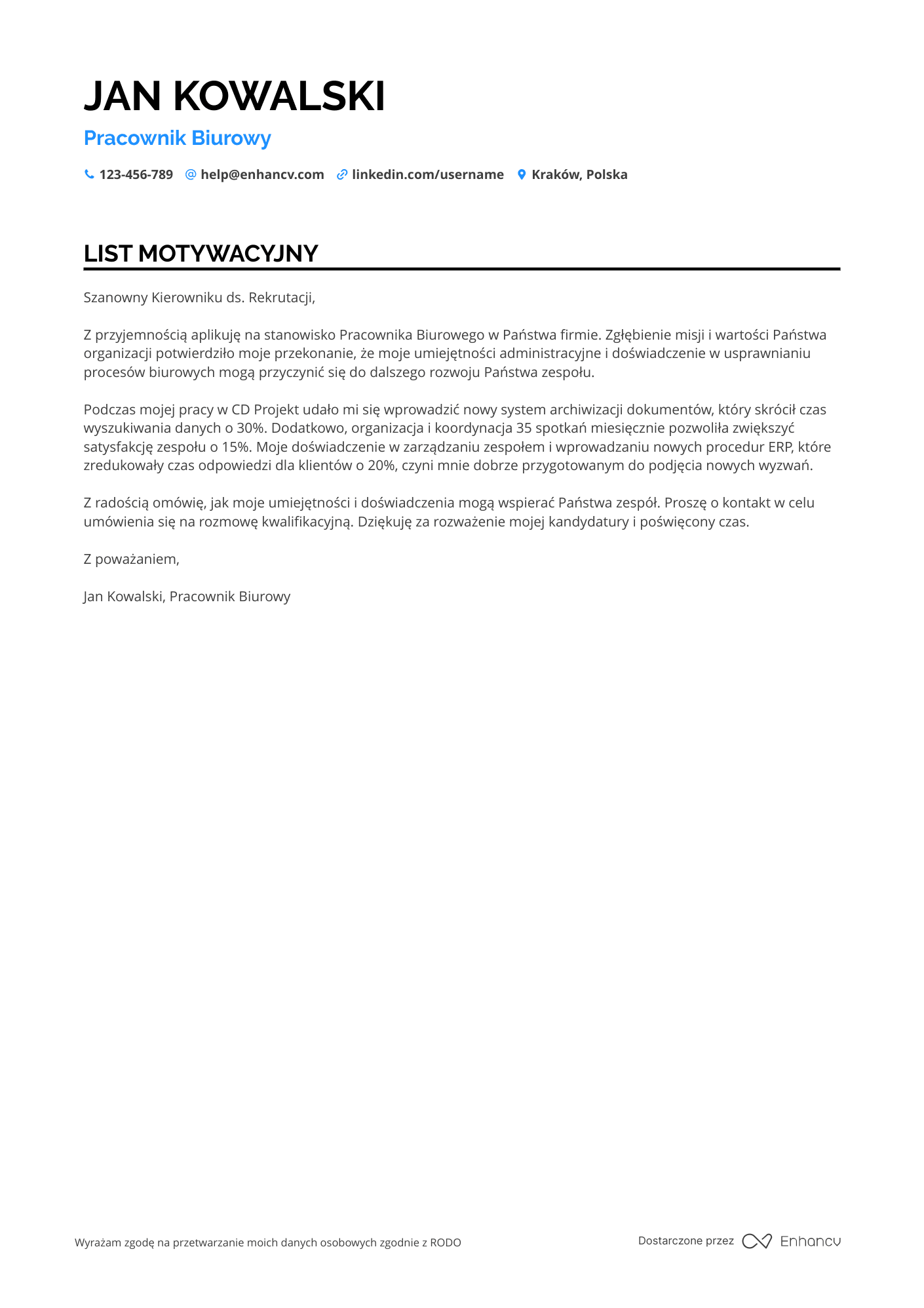 List motywacyjny dla Pracownik Biurowy ds. Administracji