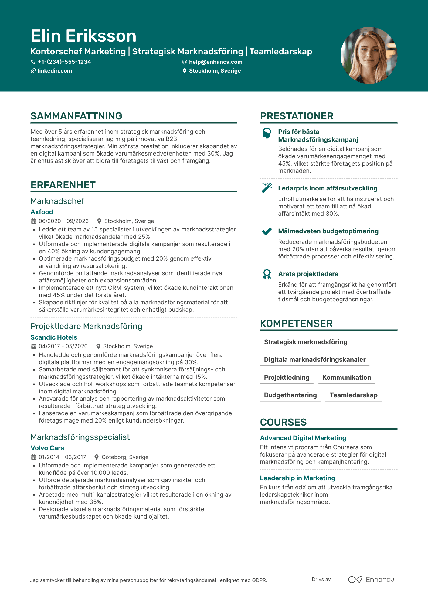 CV för Kontorschef Marketing