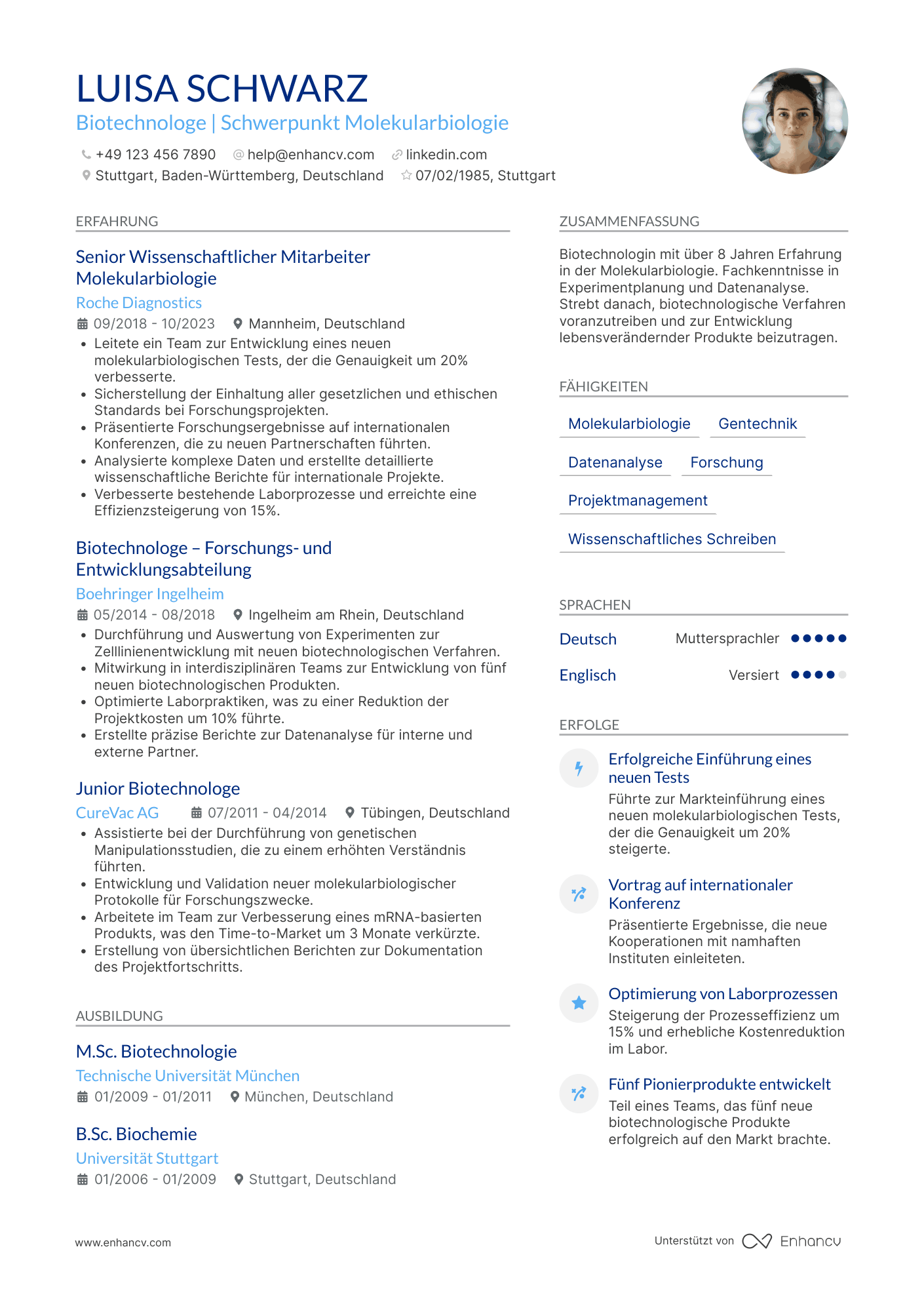 Lebenslauf in Wissenschaftlicher Biotechnologe