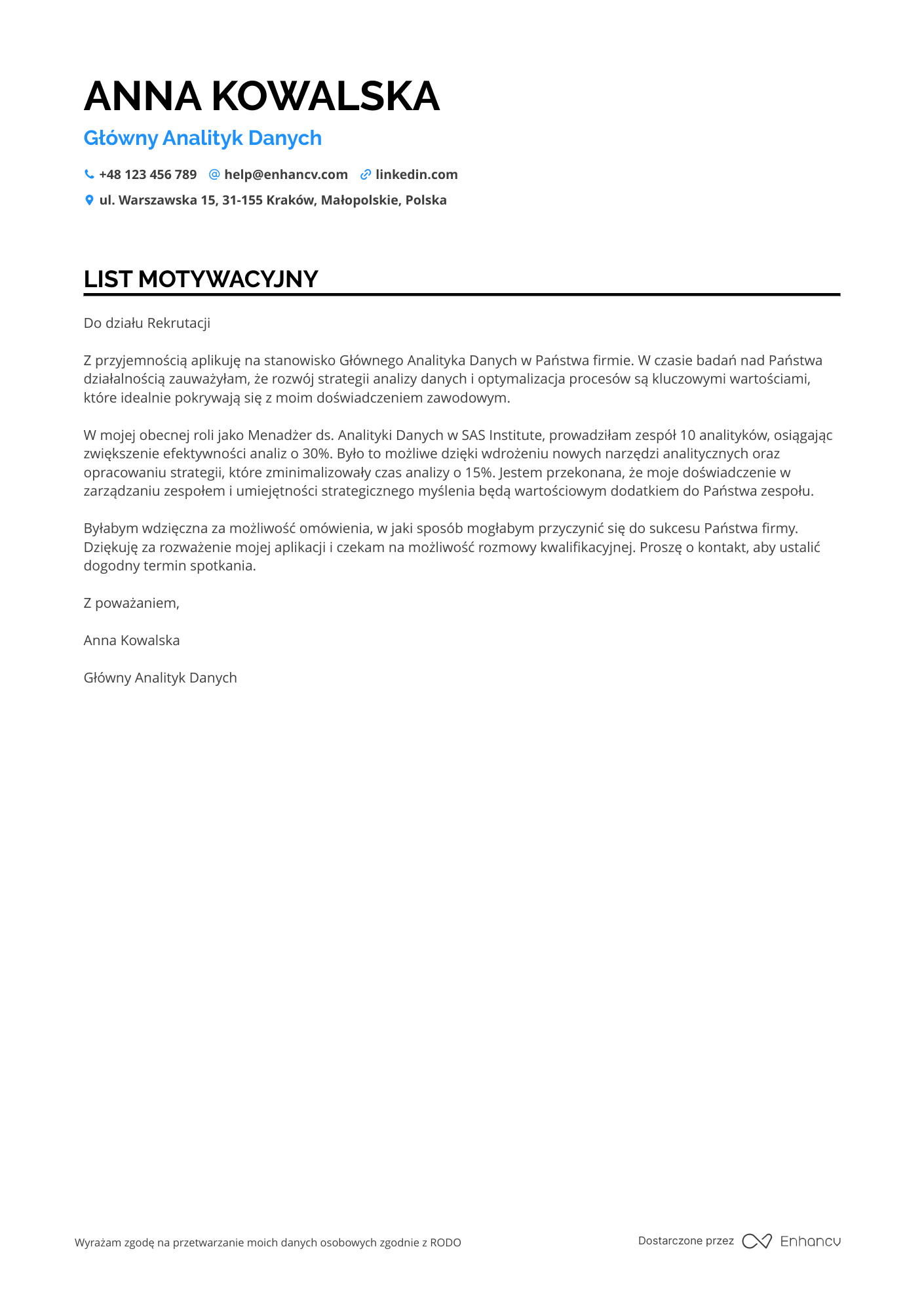 List motywacyjny dla Główny Analityk Danych