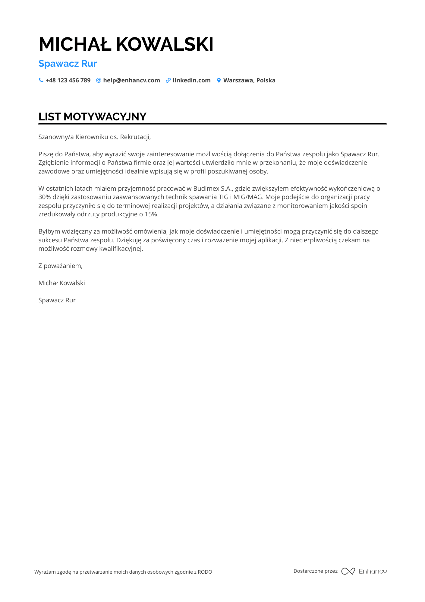 List motywacyjny dla Spawacz rur