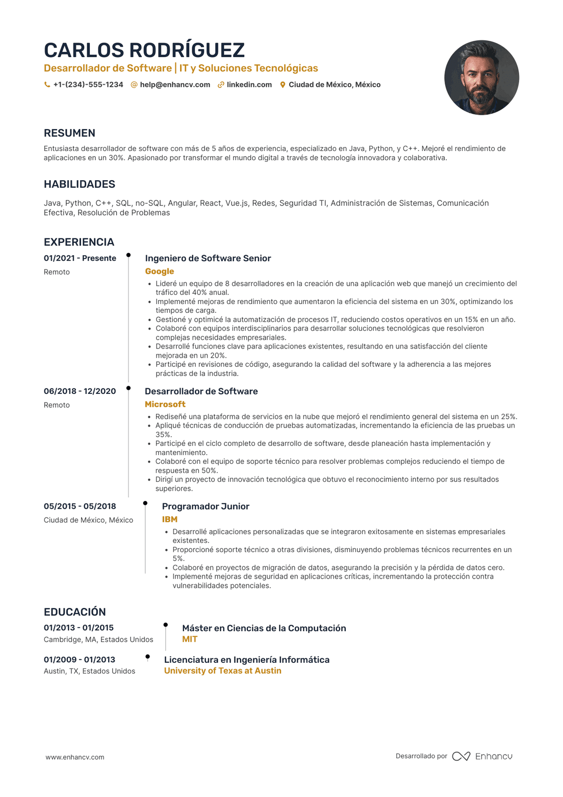 CV para IT y desarrollador de software