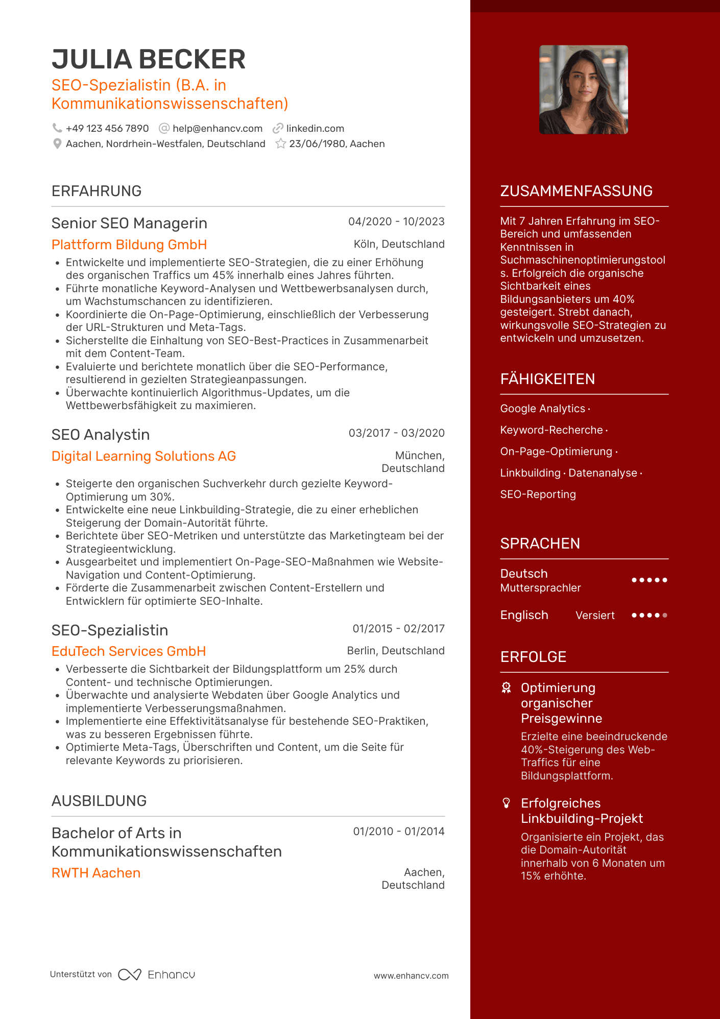 Lebenslauf in SEO Spezialist für die Bildungsbranche