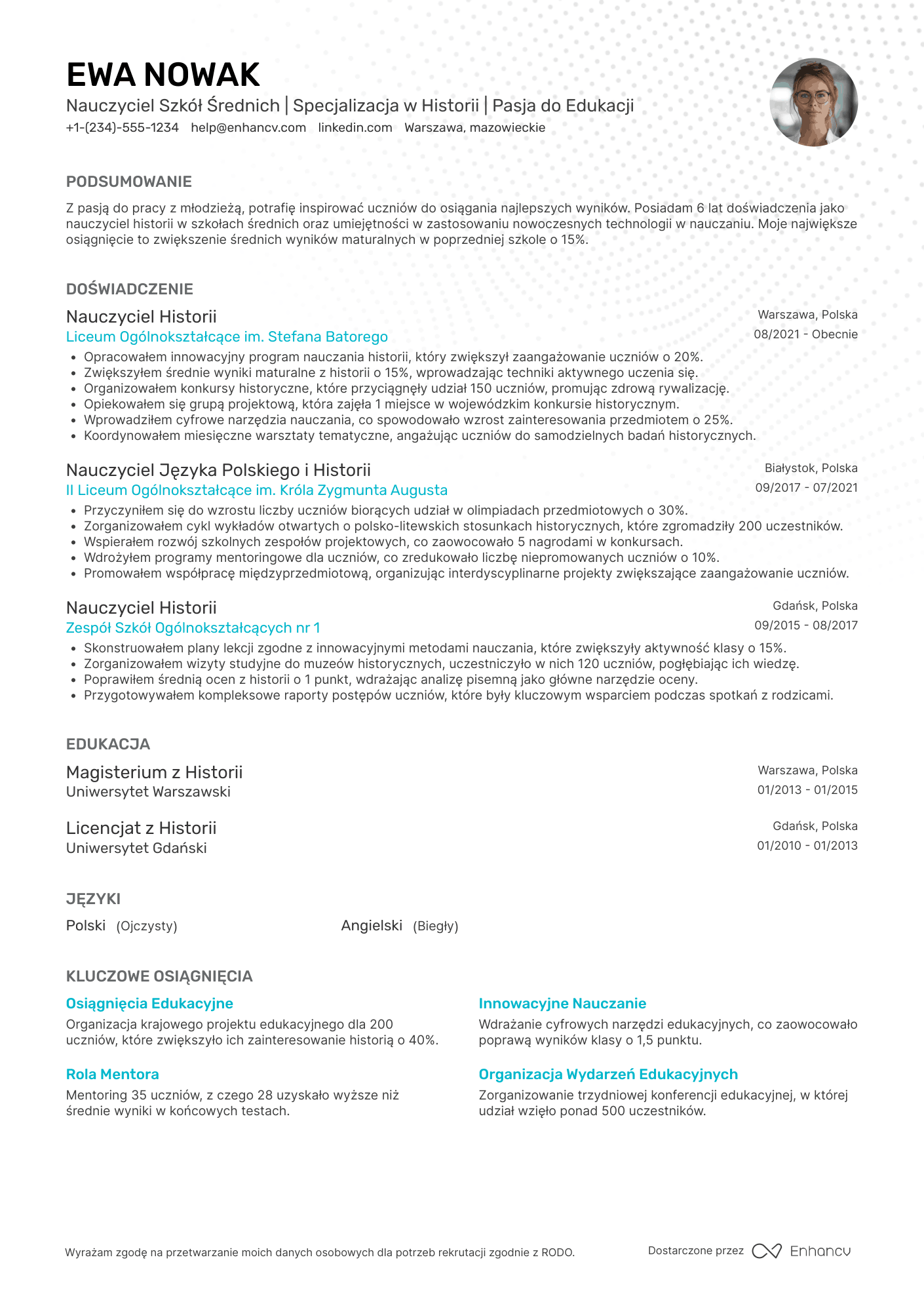 CV dla Nauczyciel Szkół Średnich