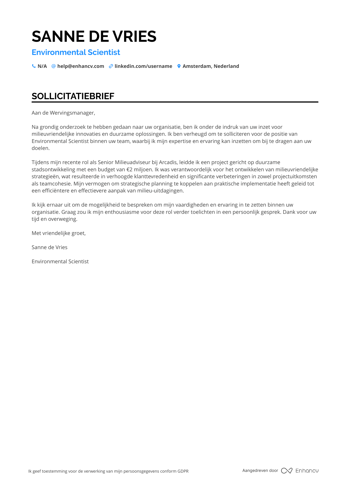 Sollicitatiebrief voor Carriereswitch Environmental Scientist