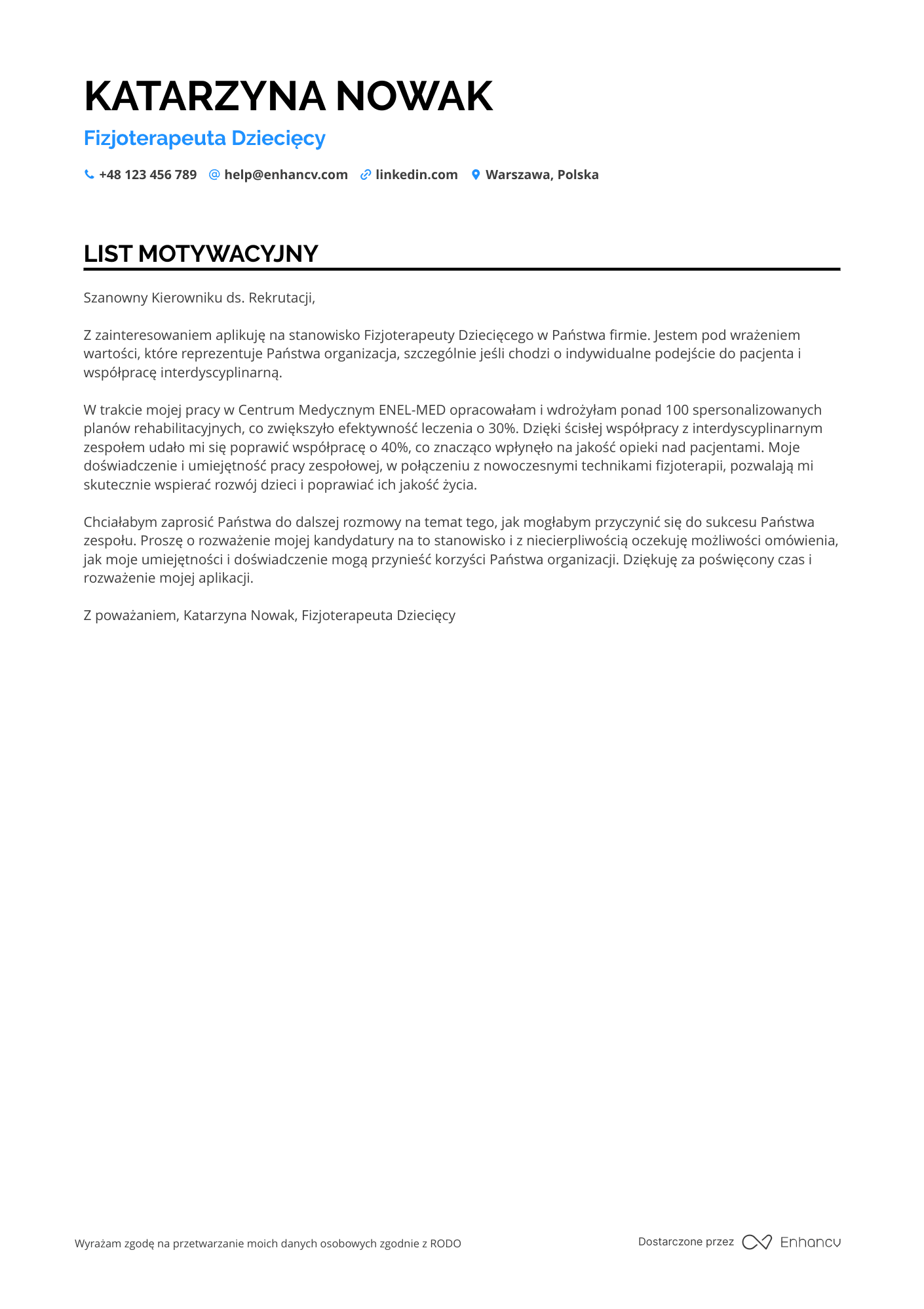 List motywacyjny dla Fizjoterapeuta Dziecięcy