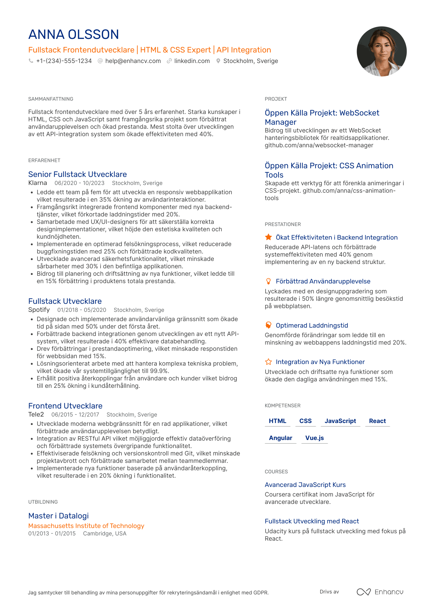 CV för Fullstack Frontendutvecklare
