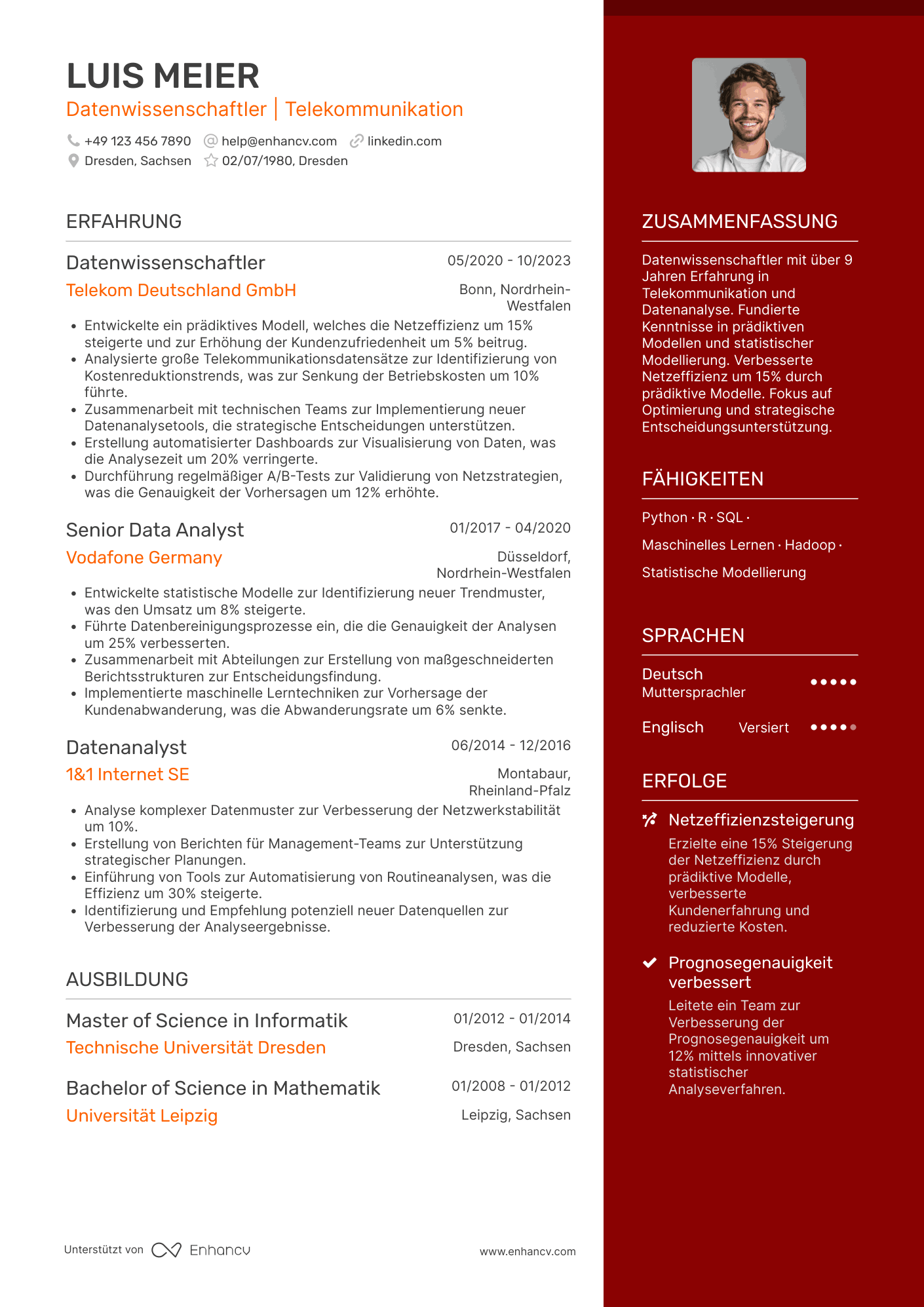Lebenslauf in Datenwissenschaftler für Telekommunikation