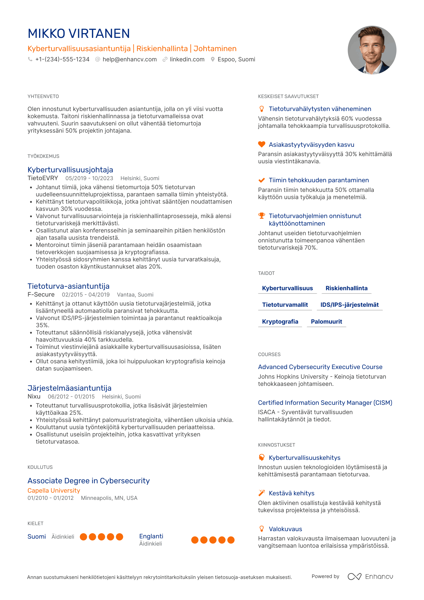 Ansioluettelo Kyberturvallisuusasiantuntija johtaja