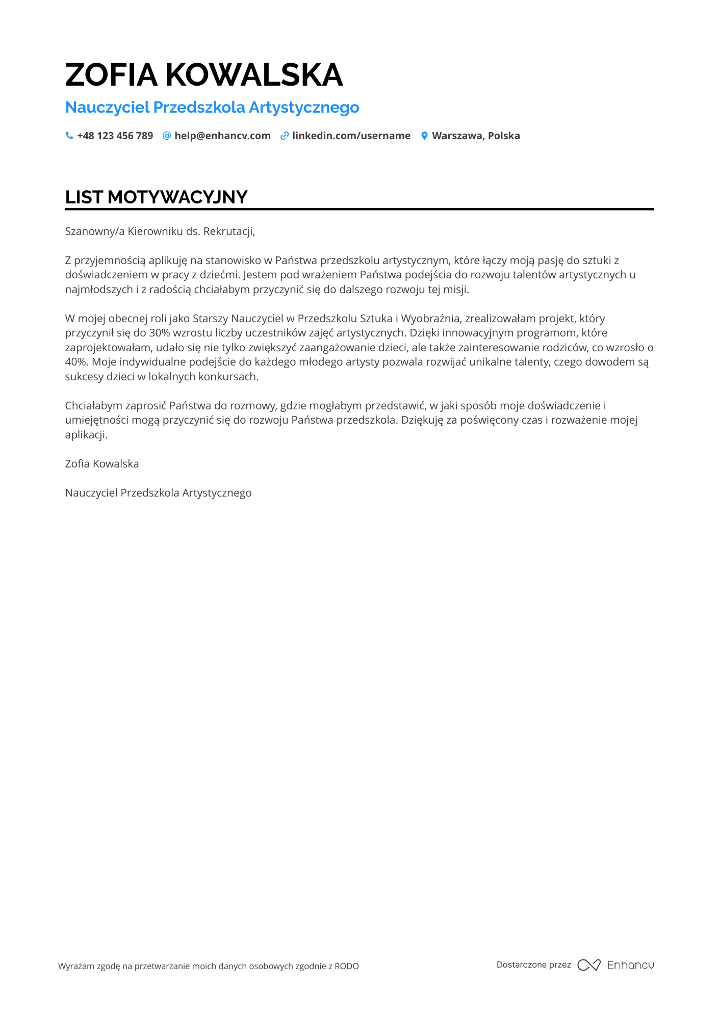 List motywacyjny dla Nauczyciel Przedszkola Artystyczny