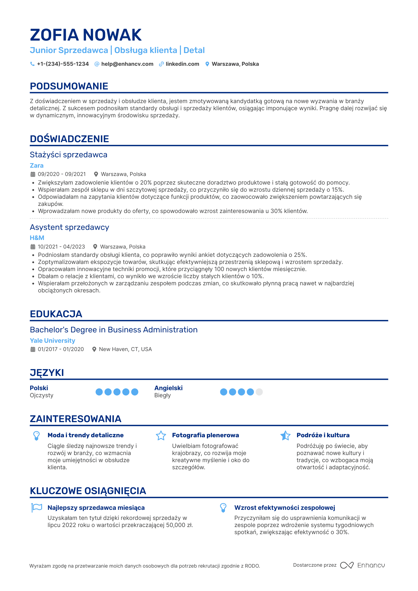 CV dla Sprzedawca Junior