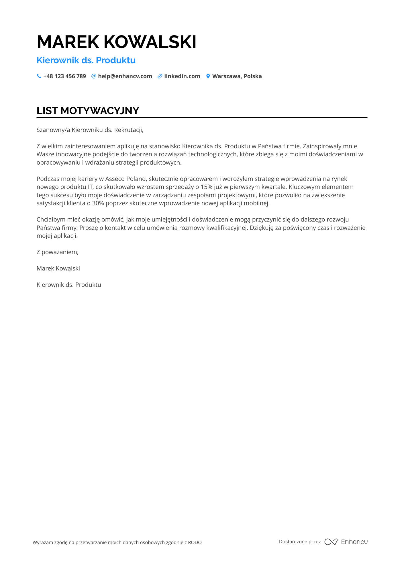 List motywacyjny dla Kierownik ds. Produktu