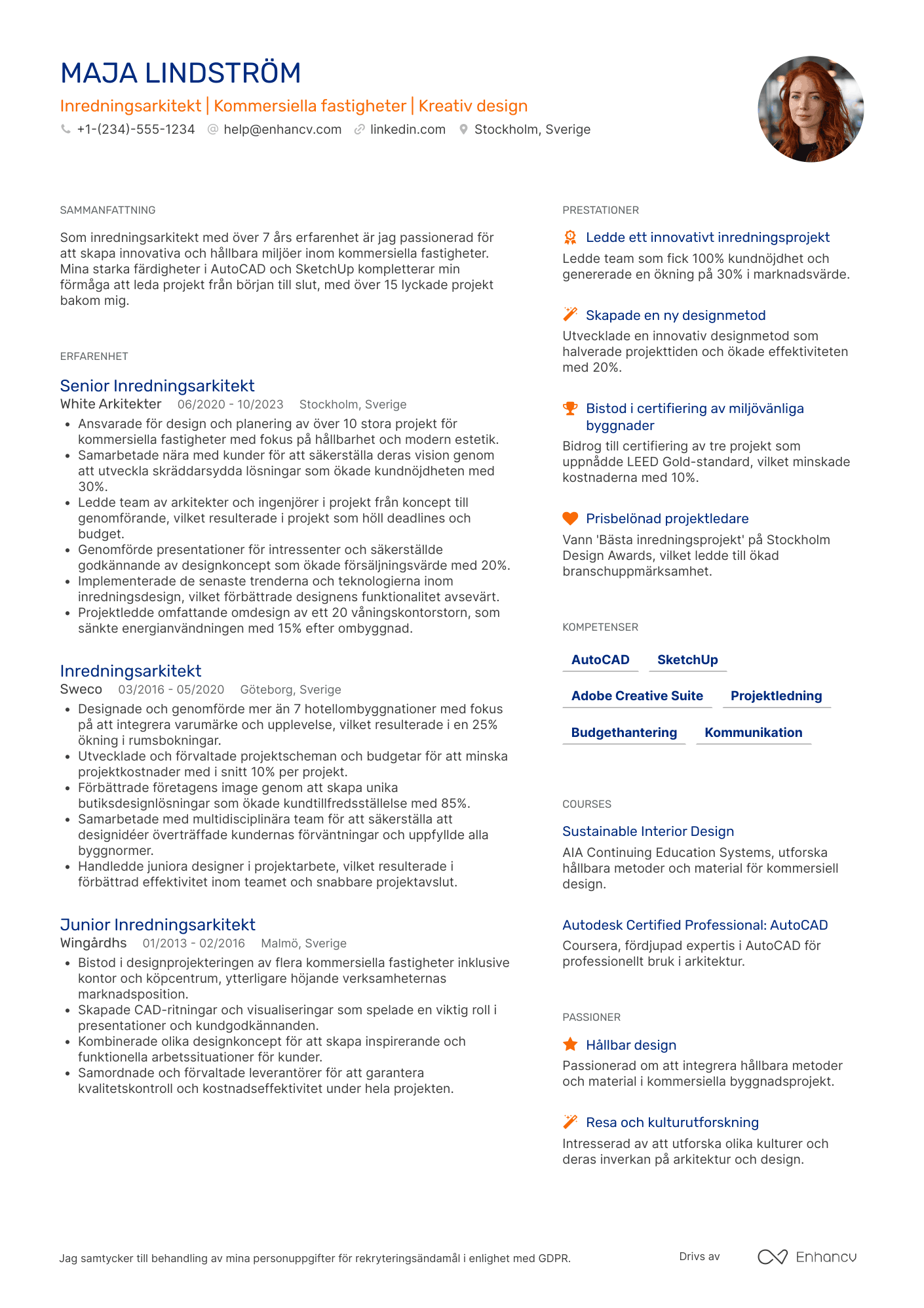 CV för Inredningsarkitekt Kommersiella fastigheter