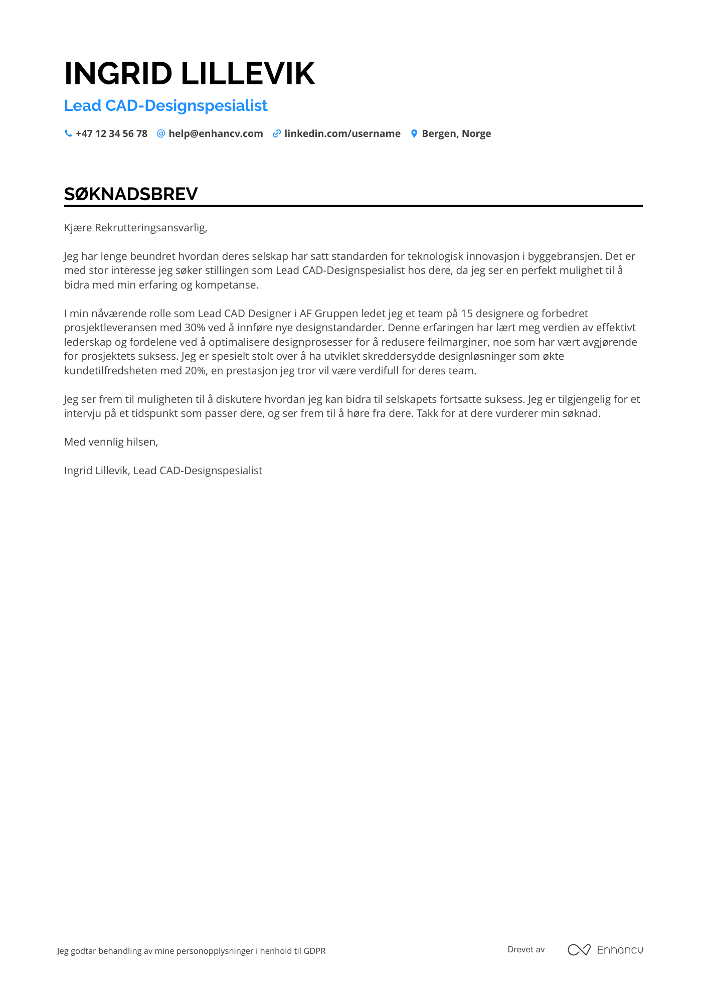 Søknadsbrev for Lead CAD designspesialist