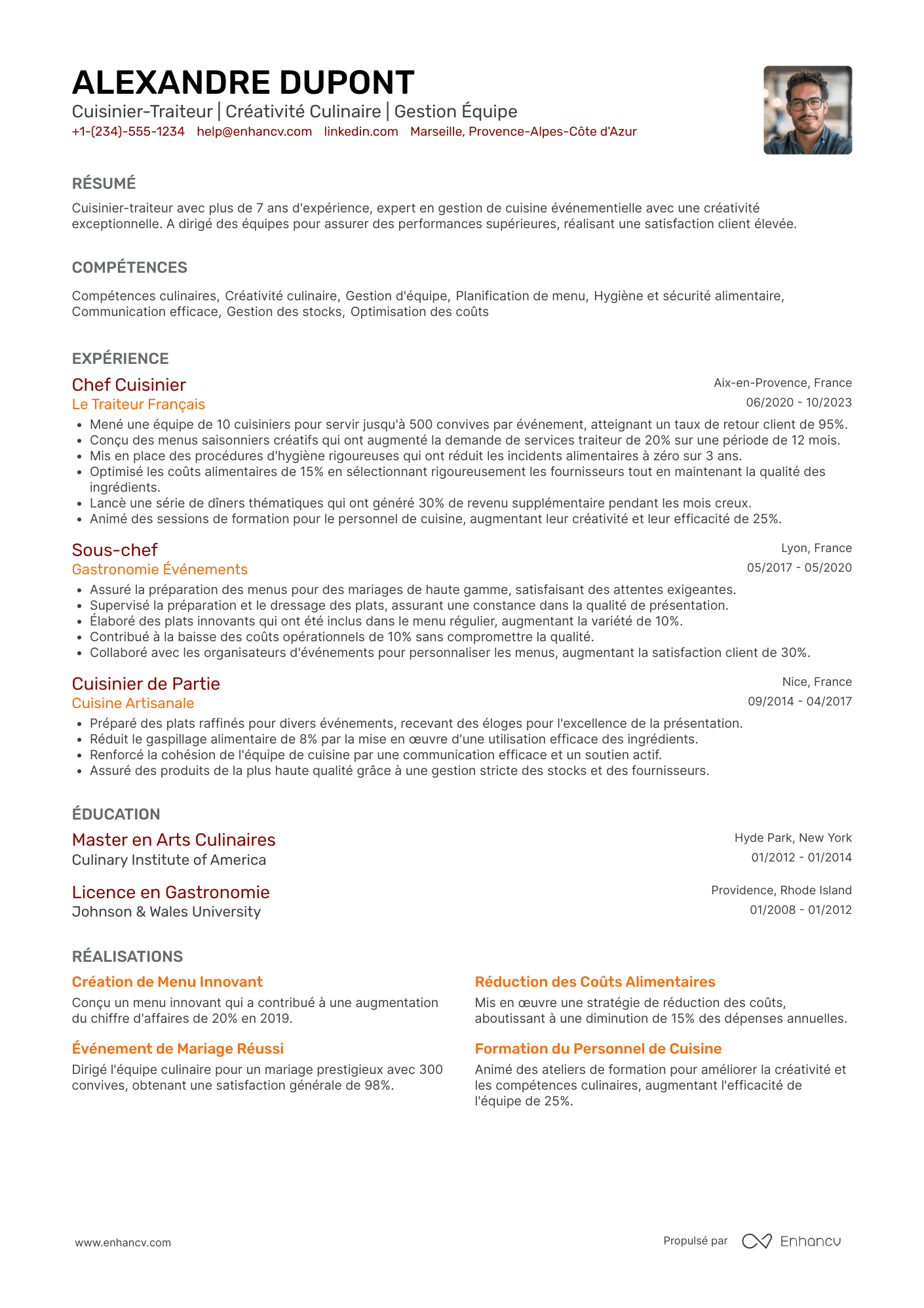CV de cuisinier traiteur