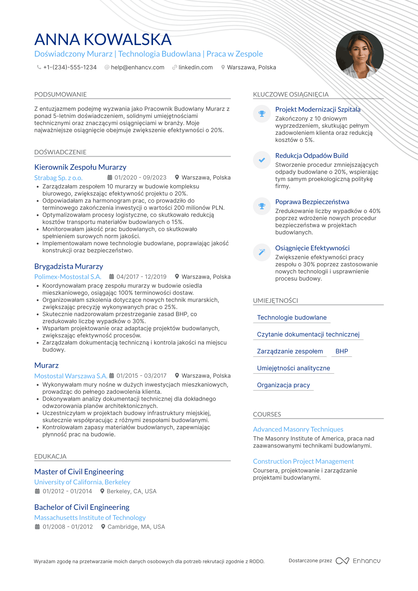 CV dla Pracownik Budowlany Murarz