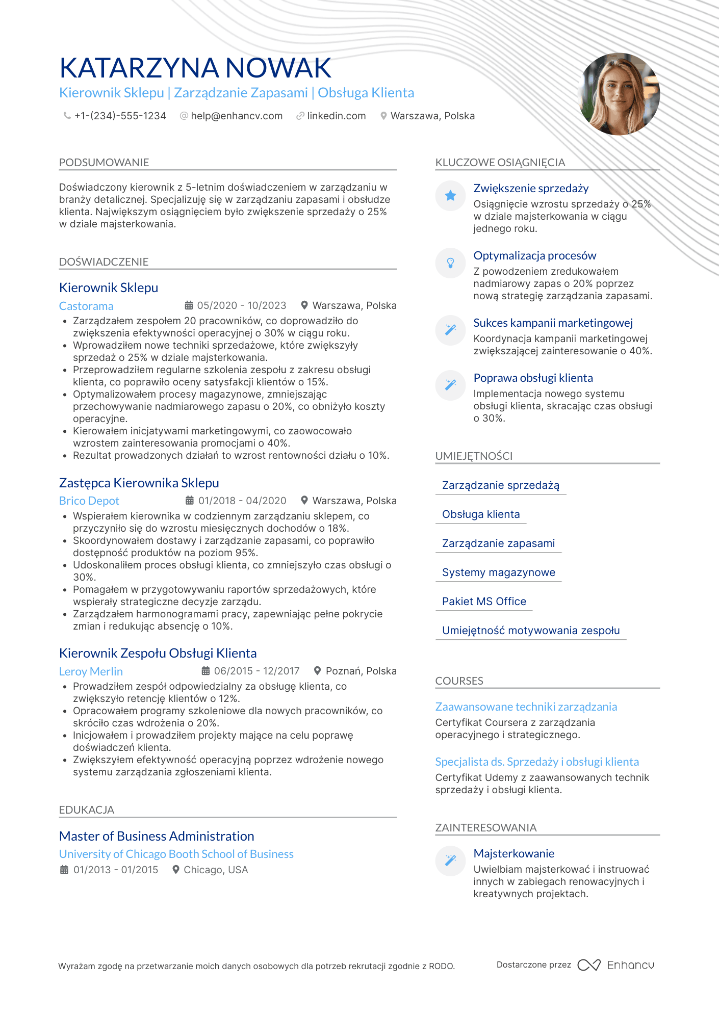 CV dla Kierownik Sklepu Dział Majsterkowania