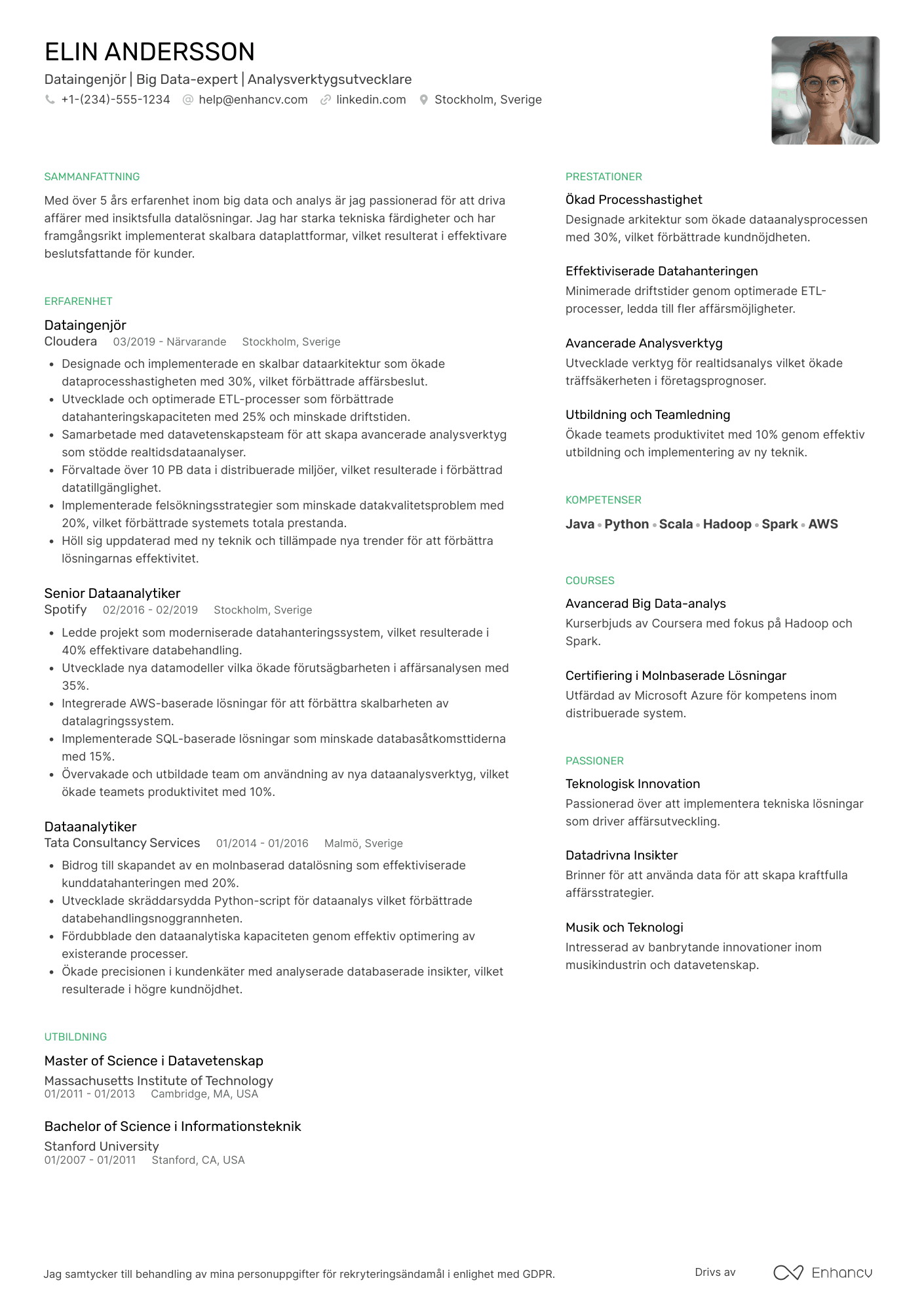 CV för Dataingenjör för big data