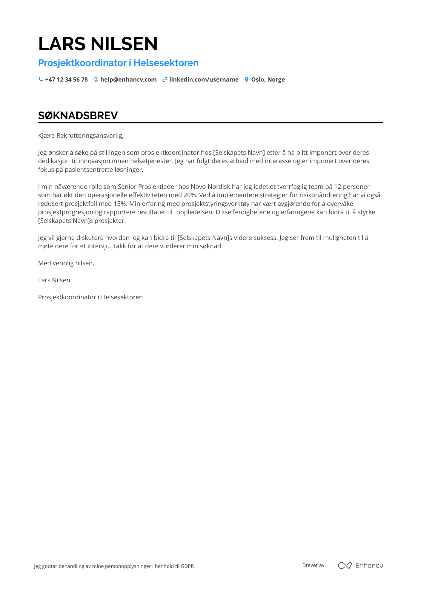Søknadsbrev for Prosjektkoordinator i helsesektoren