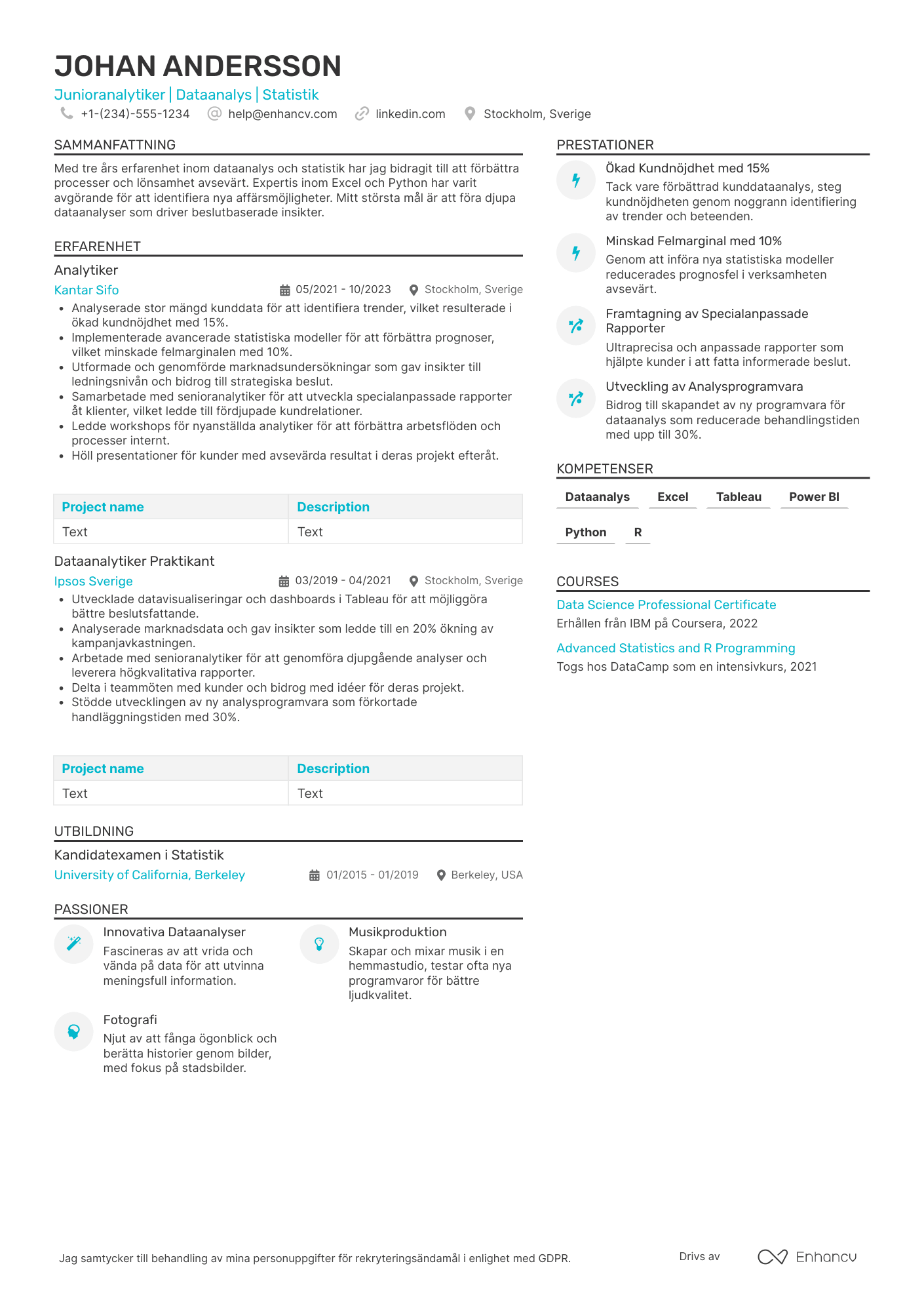CV för Junioranalytiker