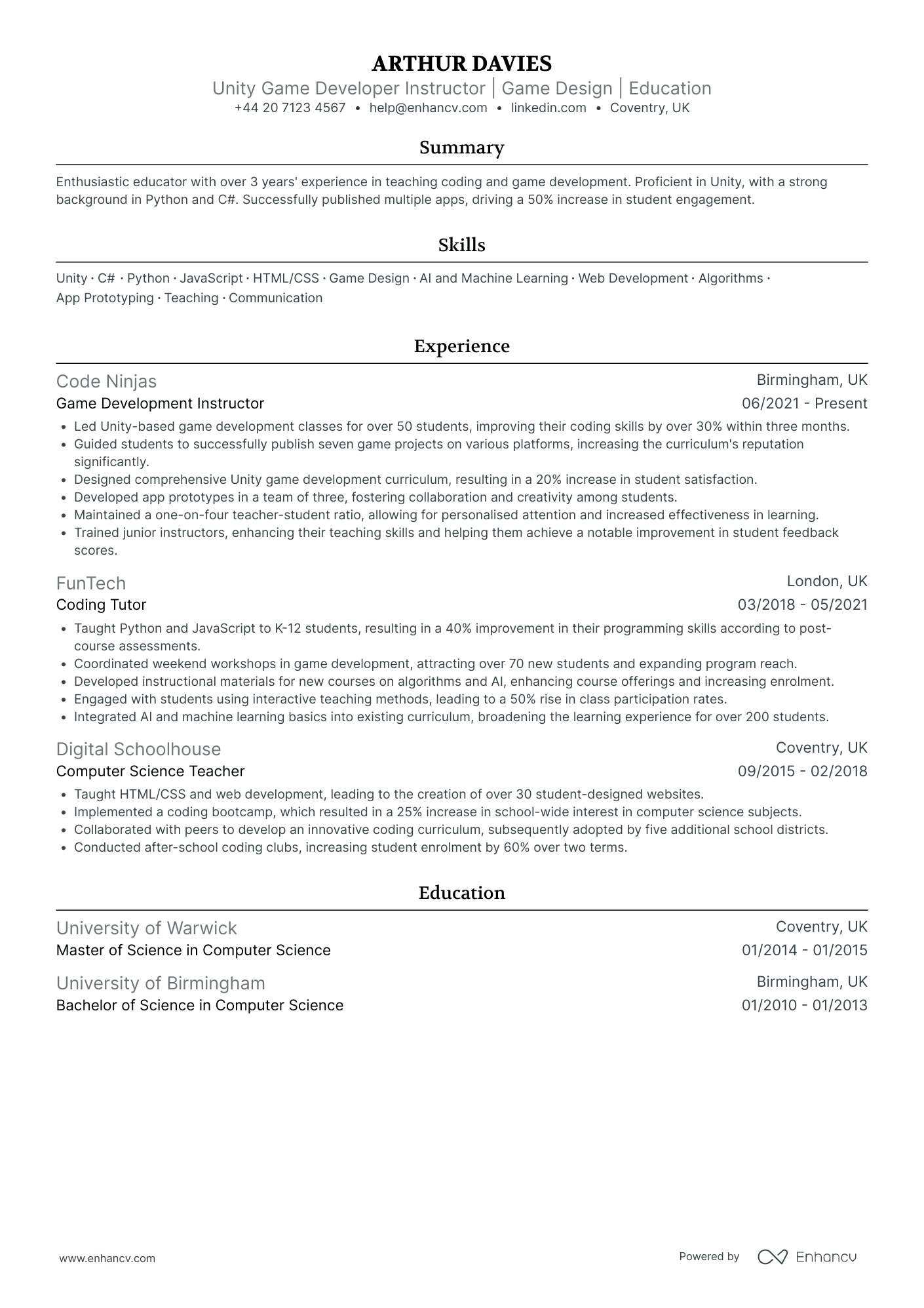 Game Developer Instructor CV Examples