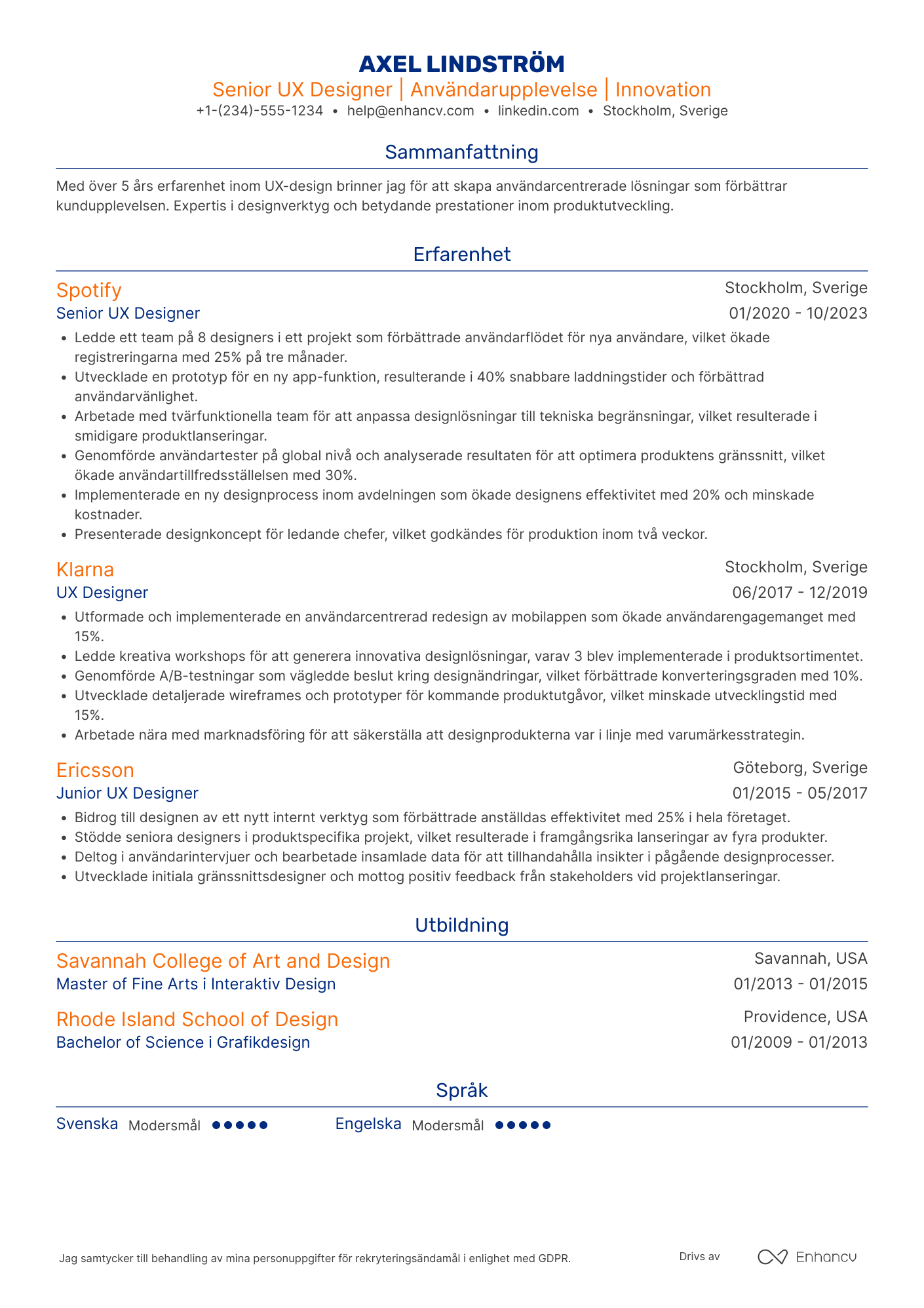 CV för Senior UX designer på Amazon